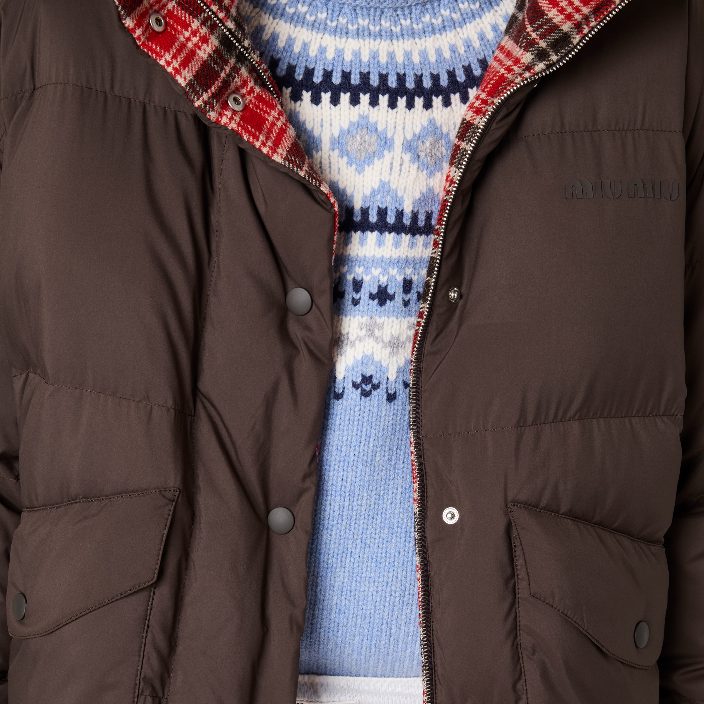 Miu Miu Technical Pongé Reversible Down Jacket In Brown