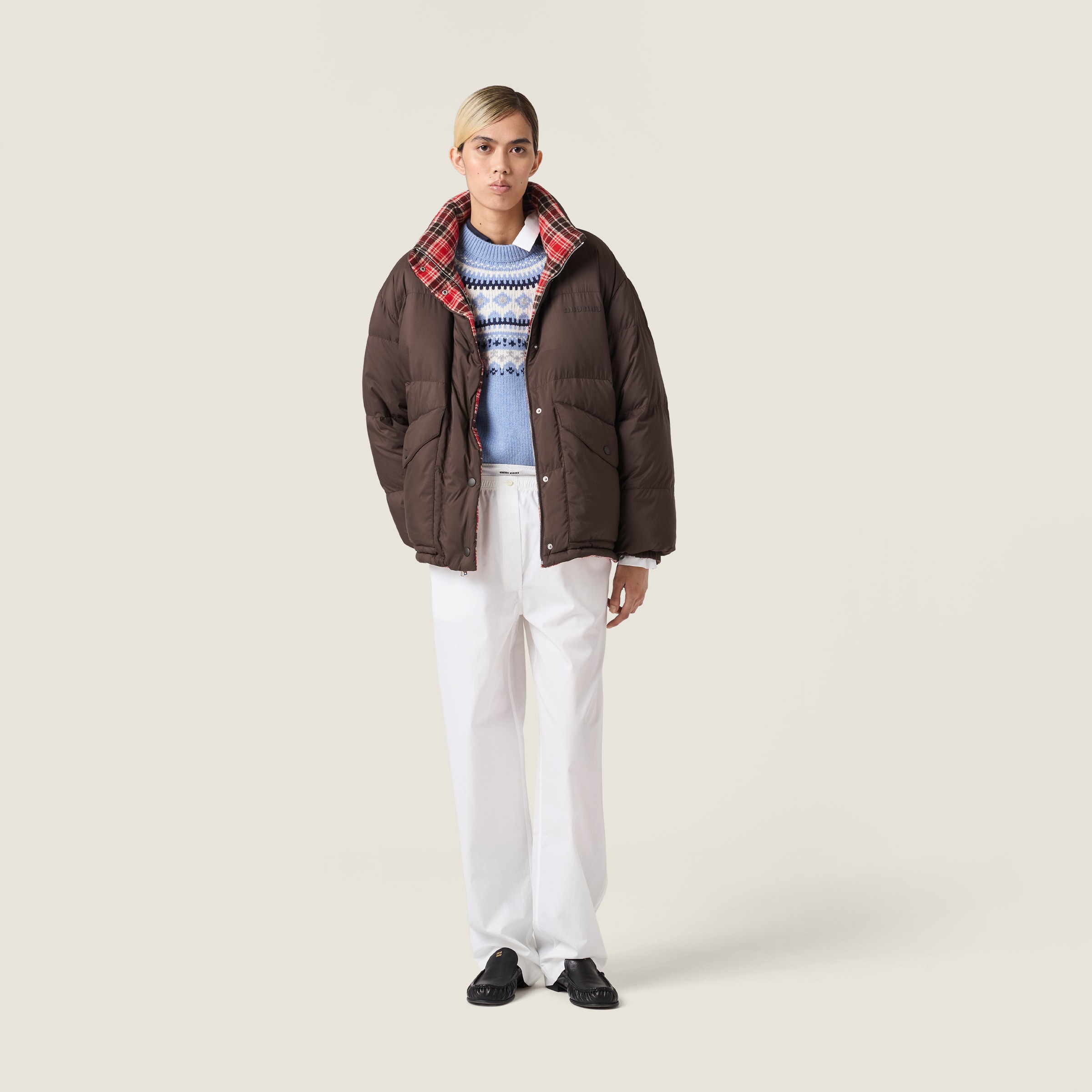 Miu Miu Technical Pongé Reversible Down Jacket In Brown