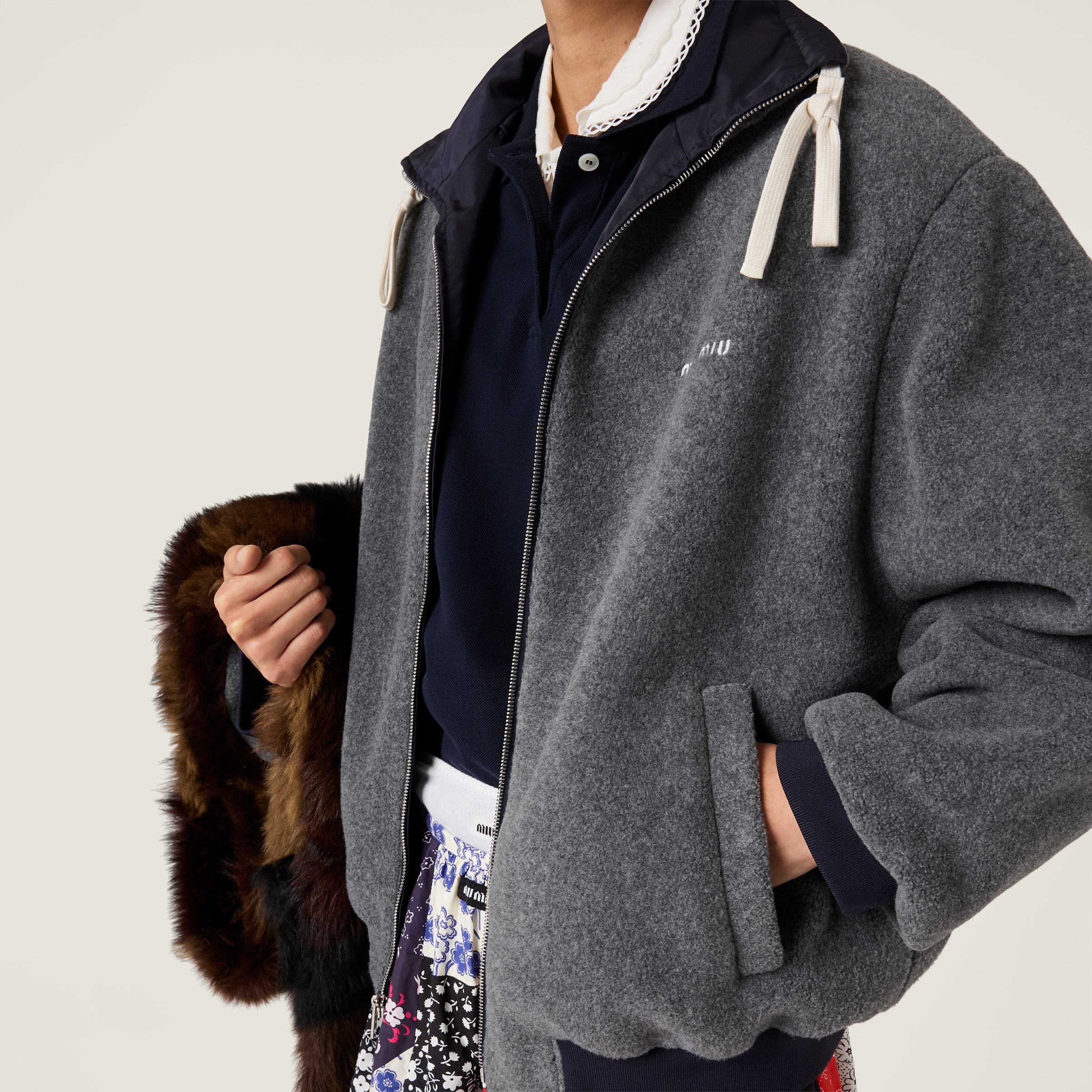 Navy Technical Gazar And Fleece Bomber Jacket | Miu Miu - United