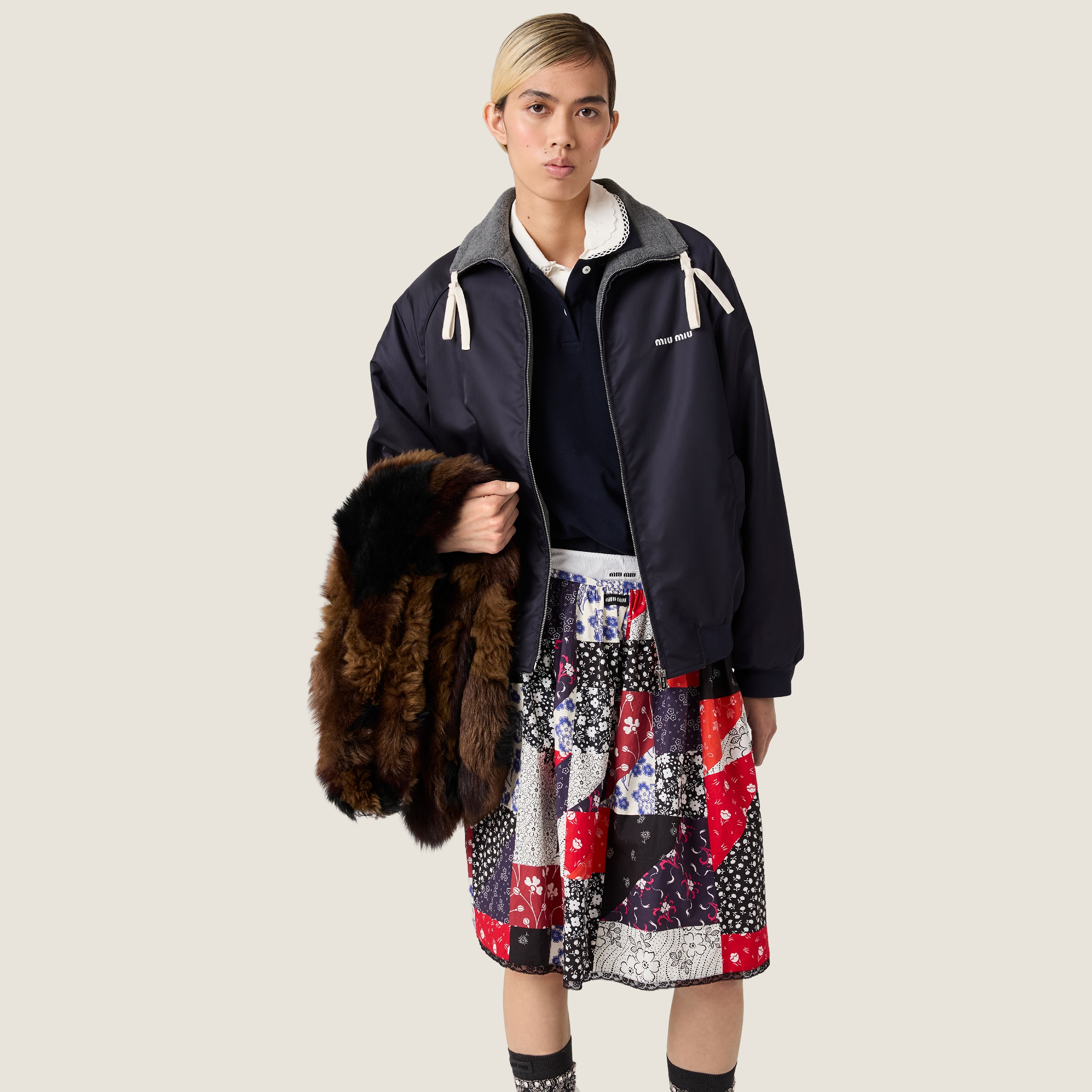 Navy Technical Gazar And Fleece Bomber Jacket | Miu Miu - United Navy Technical Gazar And Fleece Bomber Jacket | Miu Miu - United