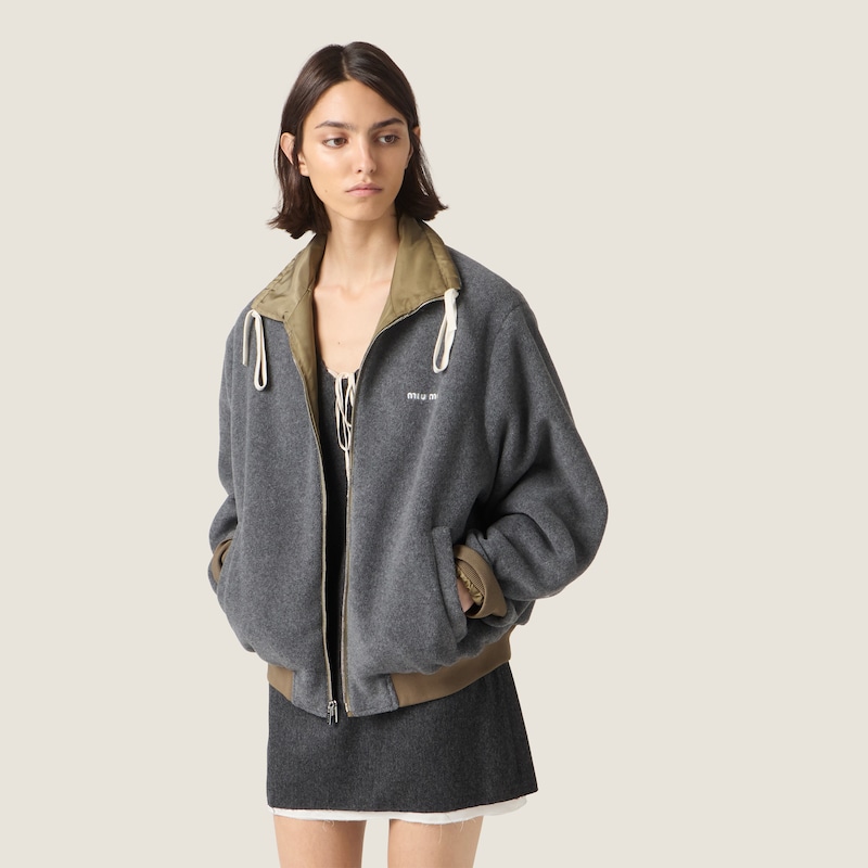 Technical gazar and fleece reversible bomber jacket