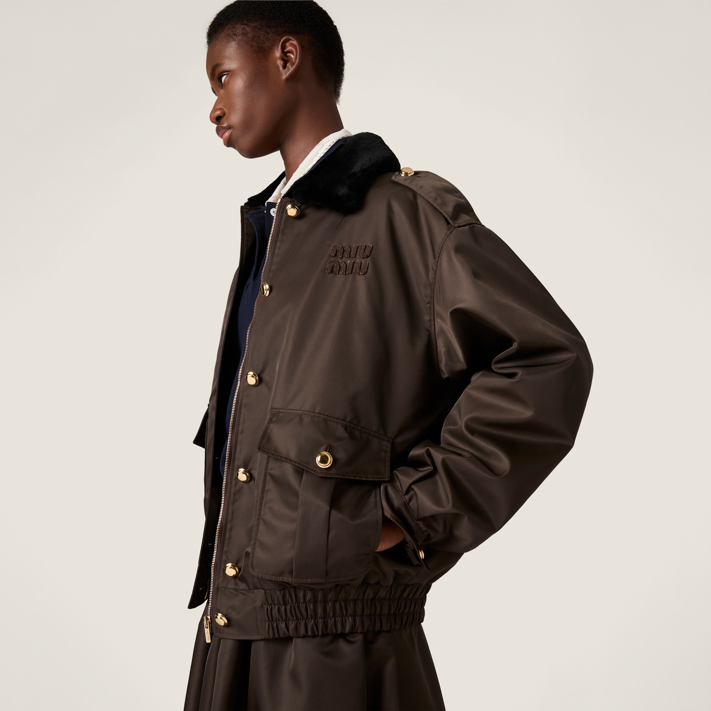 Miu Miu Technical Gazar Blouson Jacket In Brown
