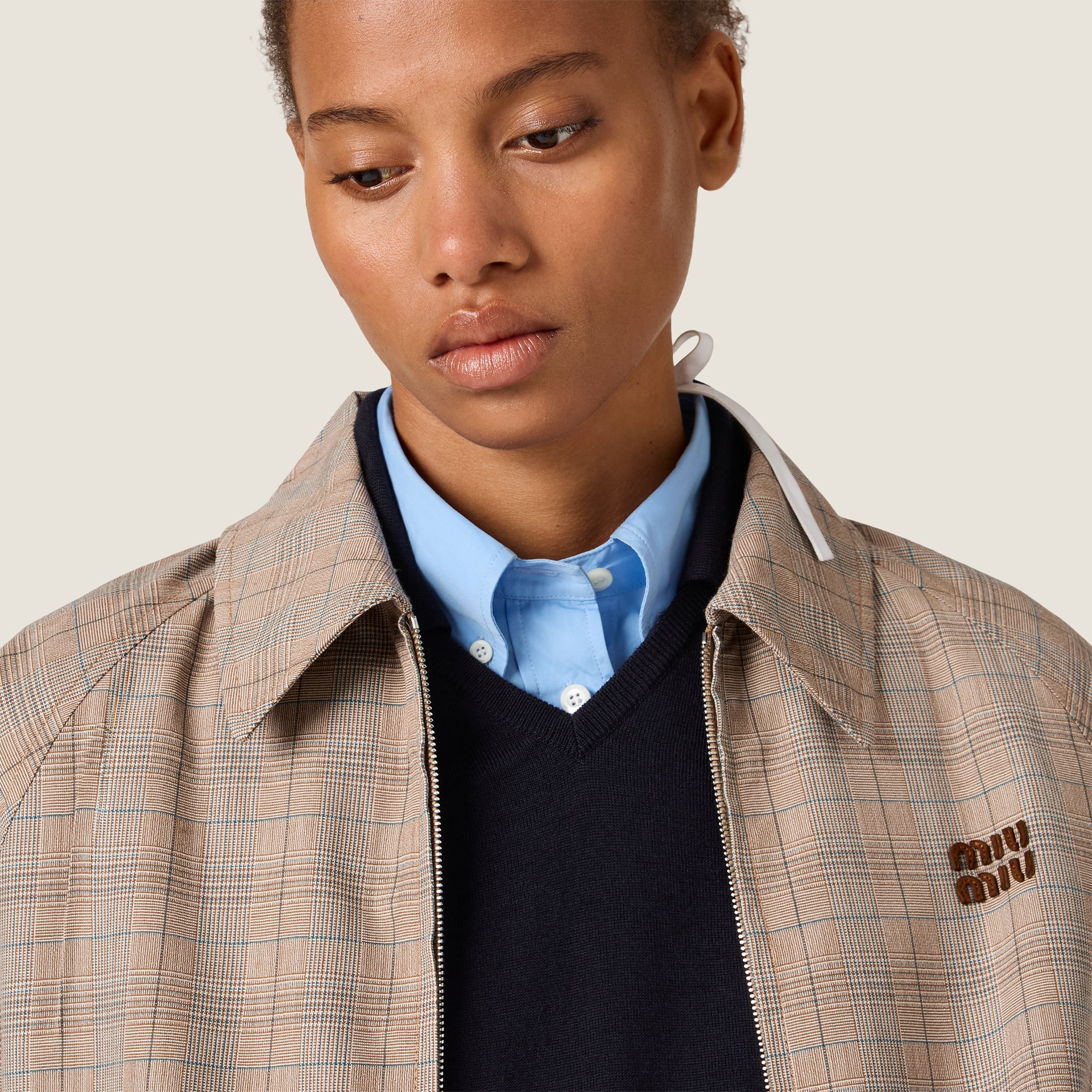 Tobacco Prince Of Wales Checked Blouson Jacket | Miu Miu - Singapore