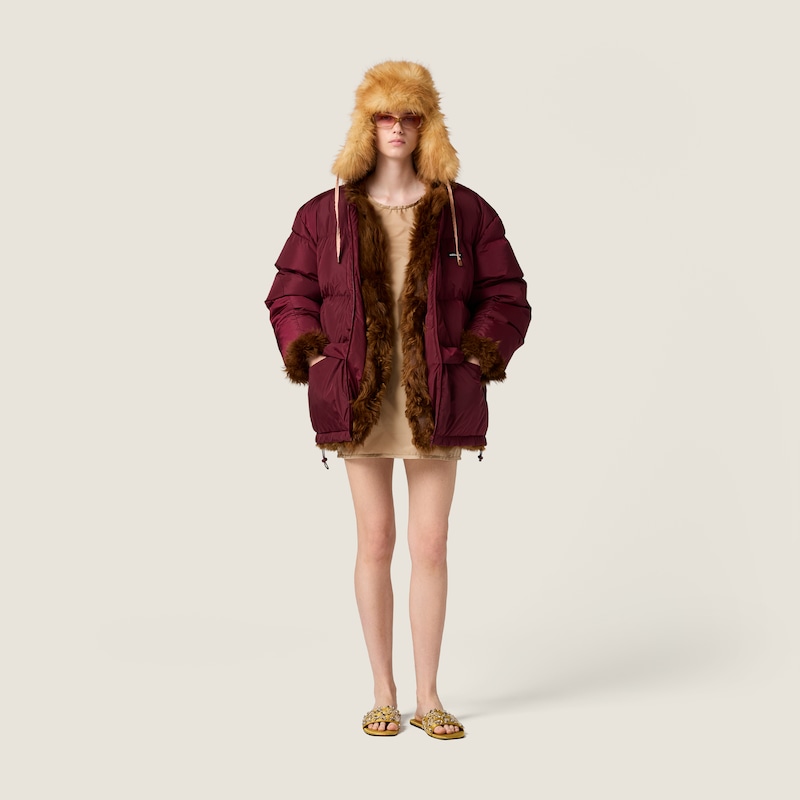 Reversible technical fabric and shearling down jacket