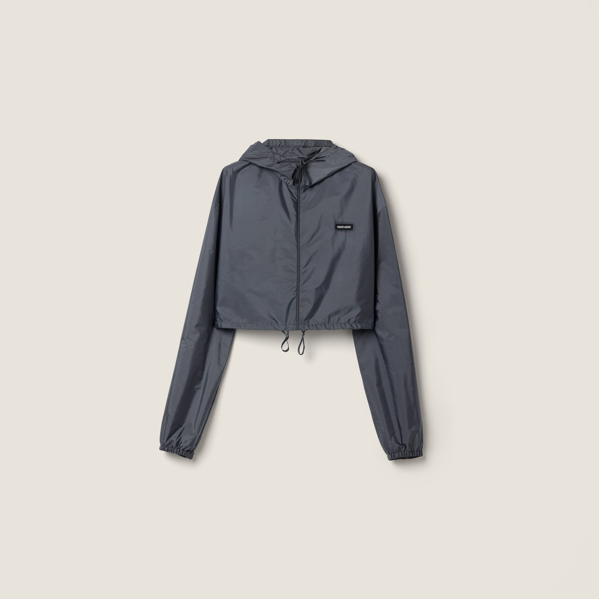 miu miu フード付きナイロンジャケット グレー ウィンドブレーカー Hematite Technical Fabric Windbreaker | Miu Miu