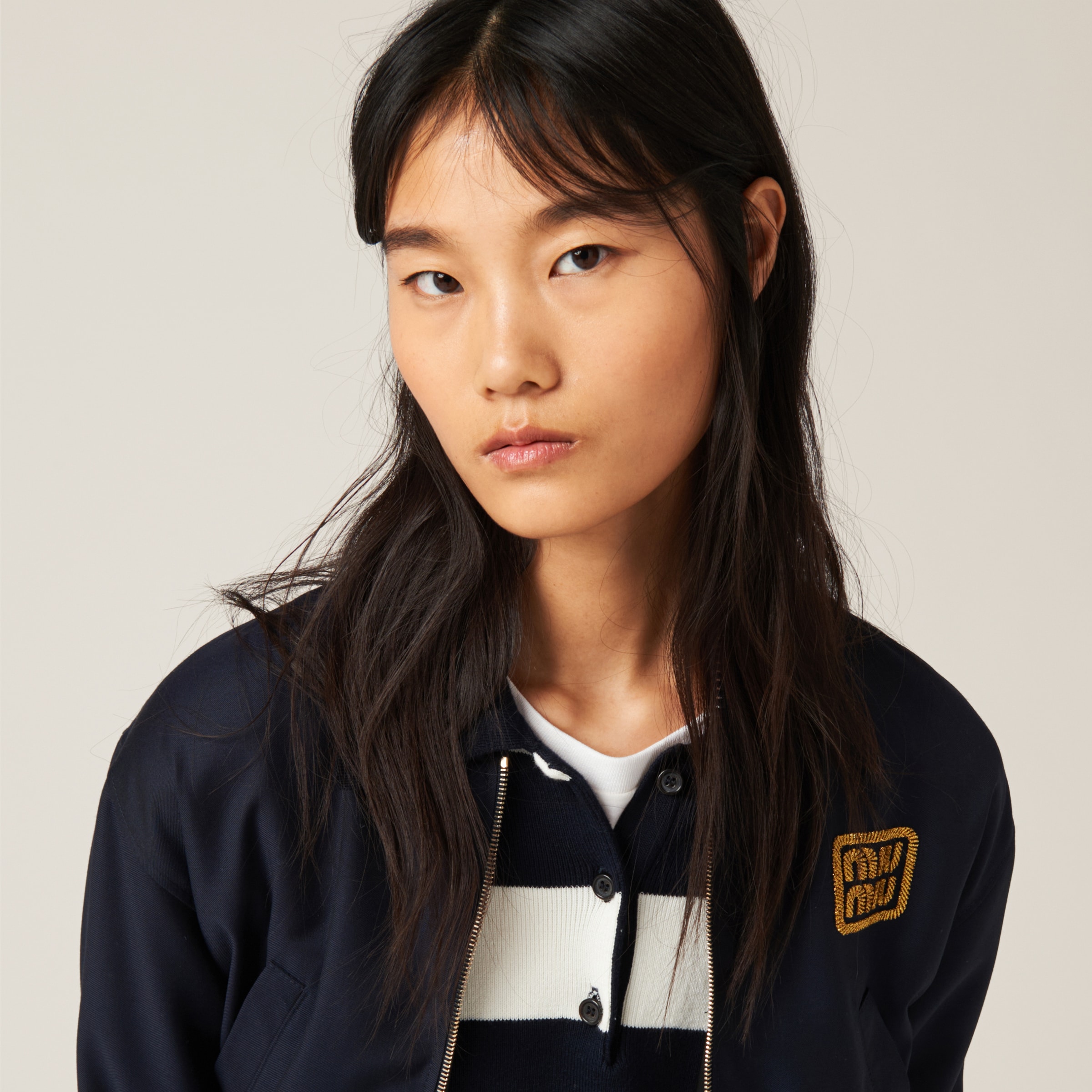 Shop Miumiu Batavia Bomber Jacket In Navy