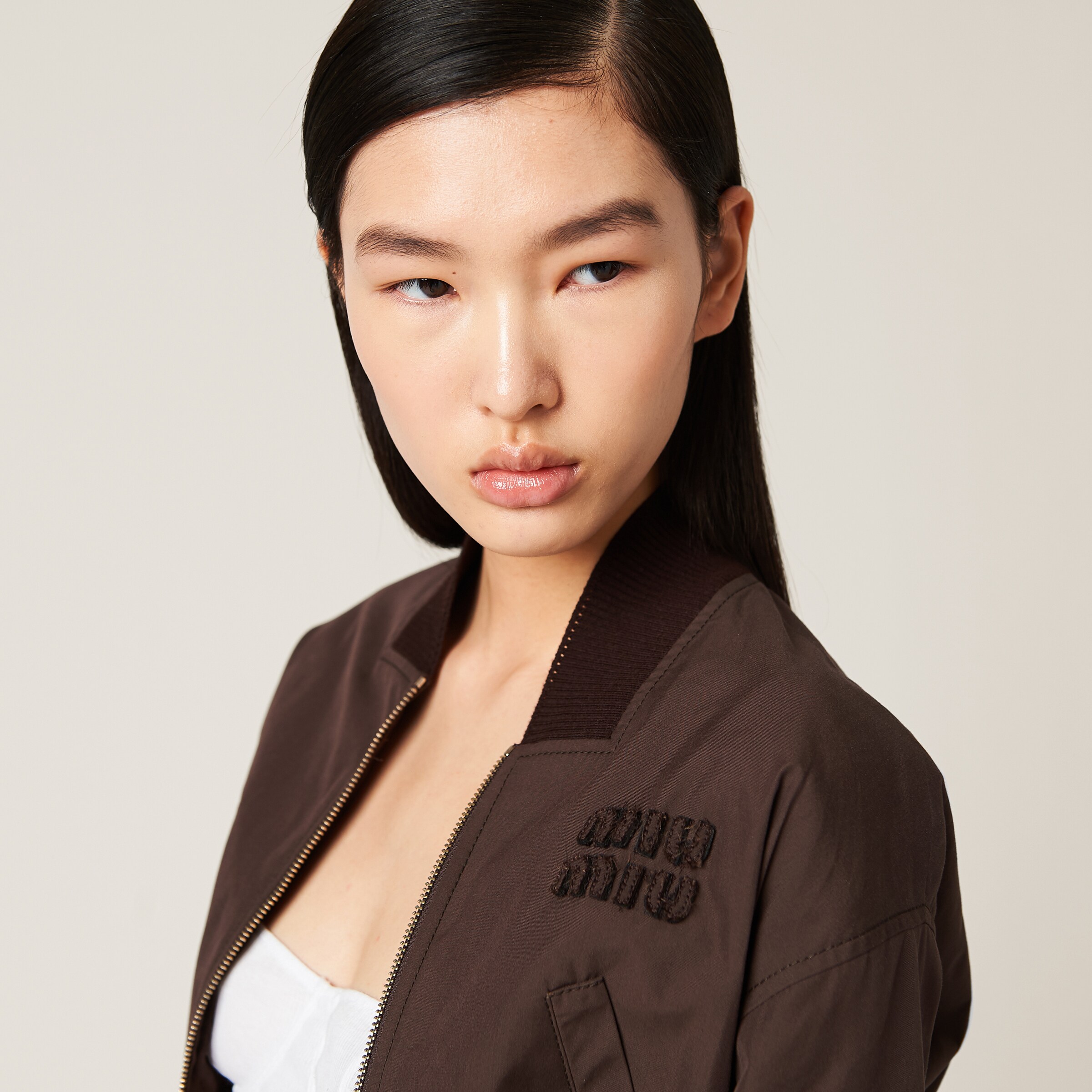 Cocoa Brown Panama Cotton Bomber Jacket Miu Miu