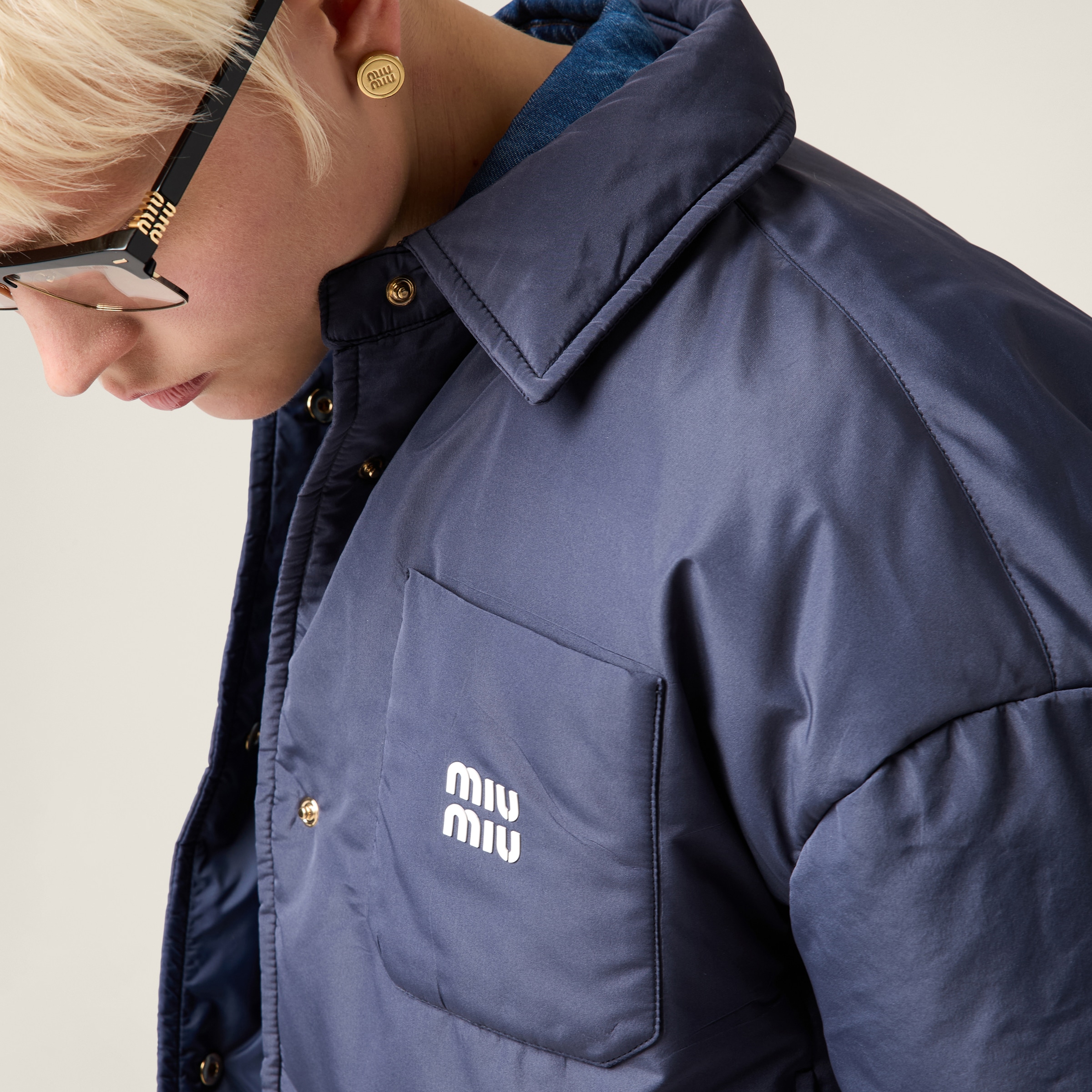 Miu Miu Oversized Crop Down Jacket In Navy