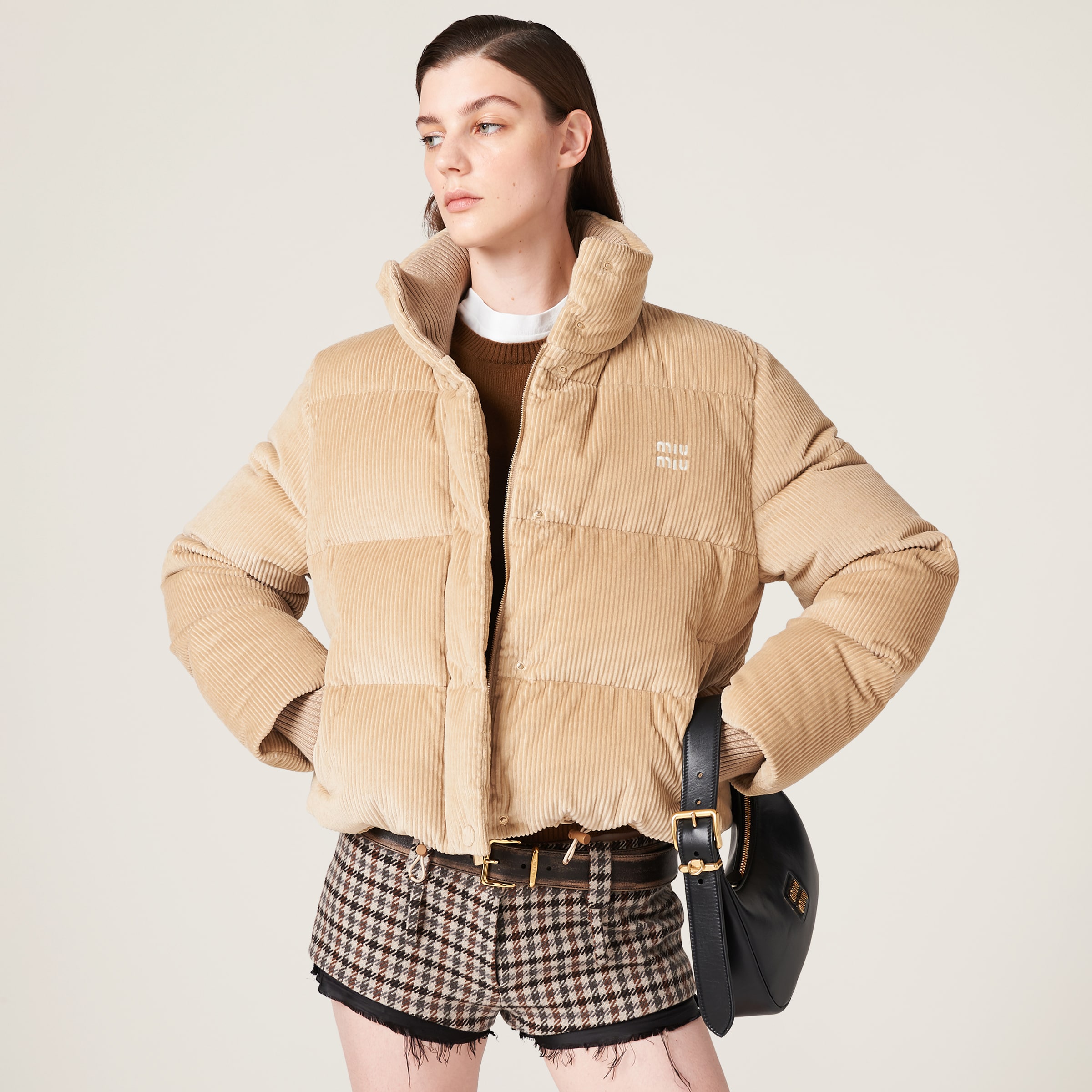 Sand Beige Velvet Down Jacket Miu Miu