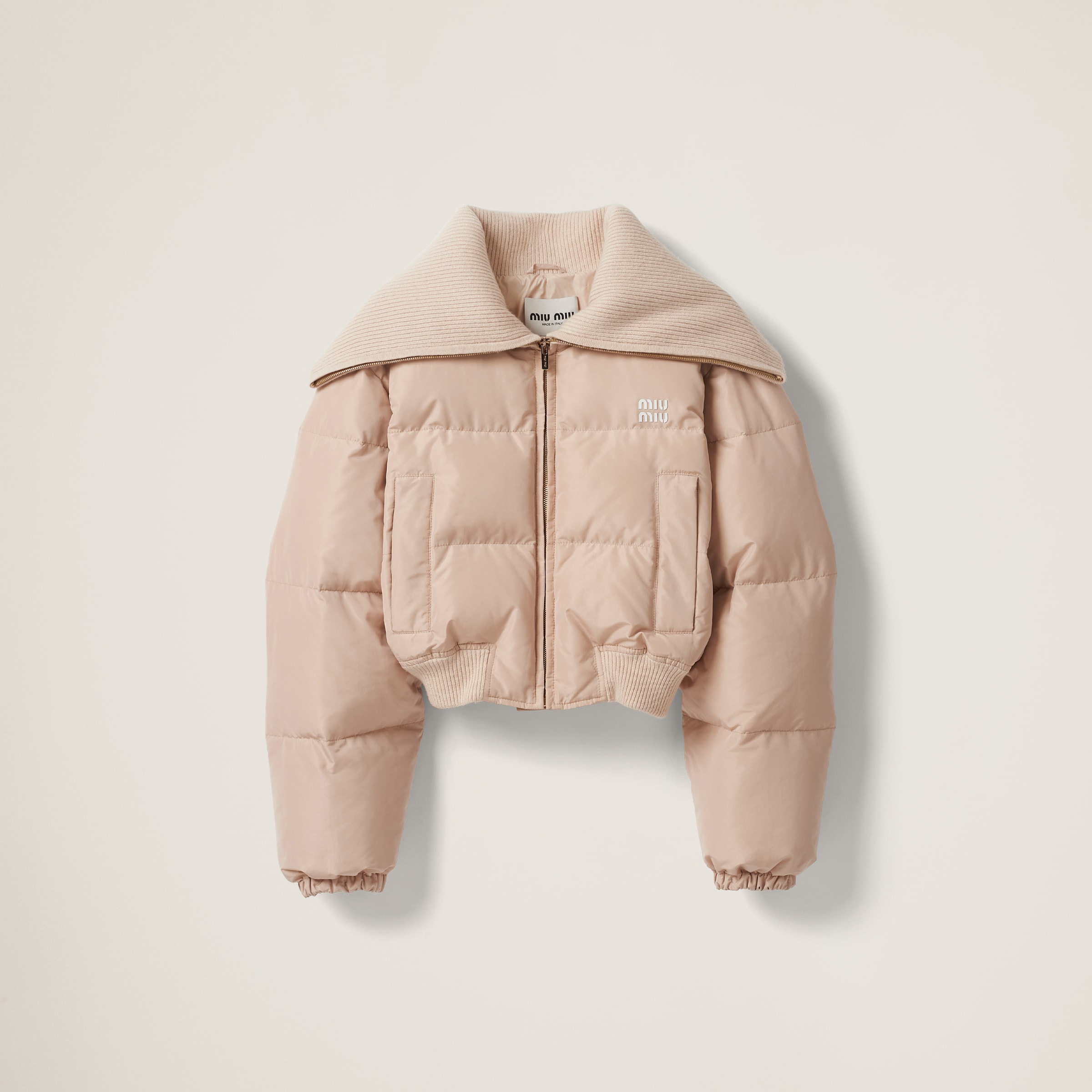 Miu Miu Cropped Technical Fabric Down Jacket In Neutral ModeSens