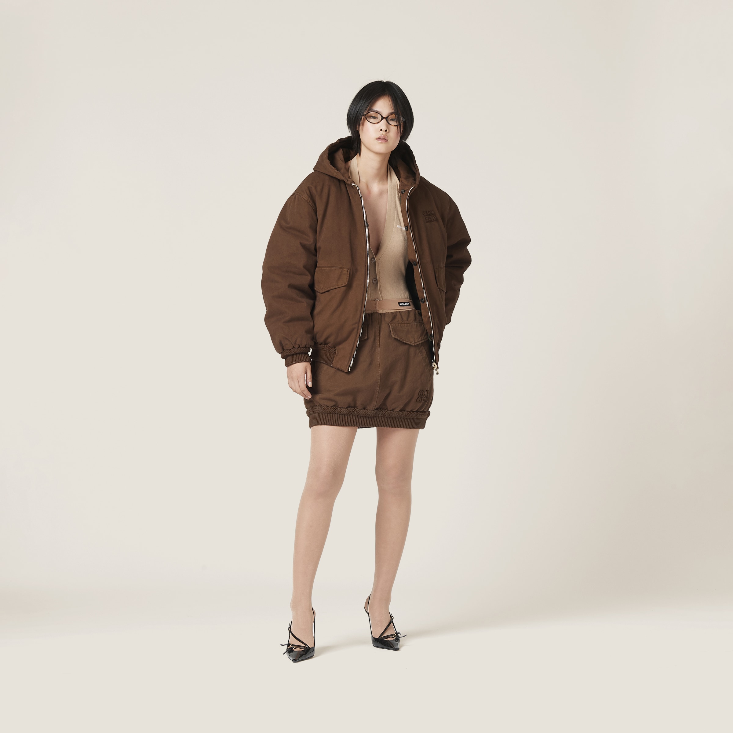 Cocoa Brown Gabardine Down Jacket Miu Miu