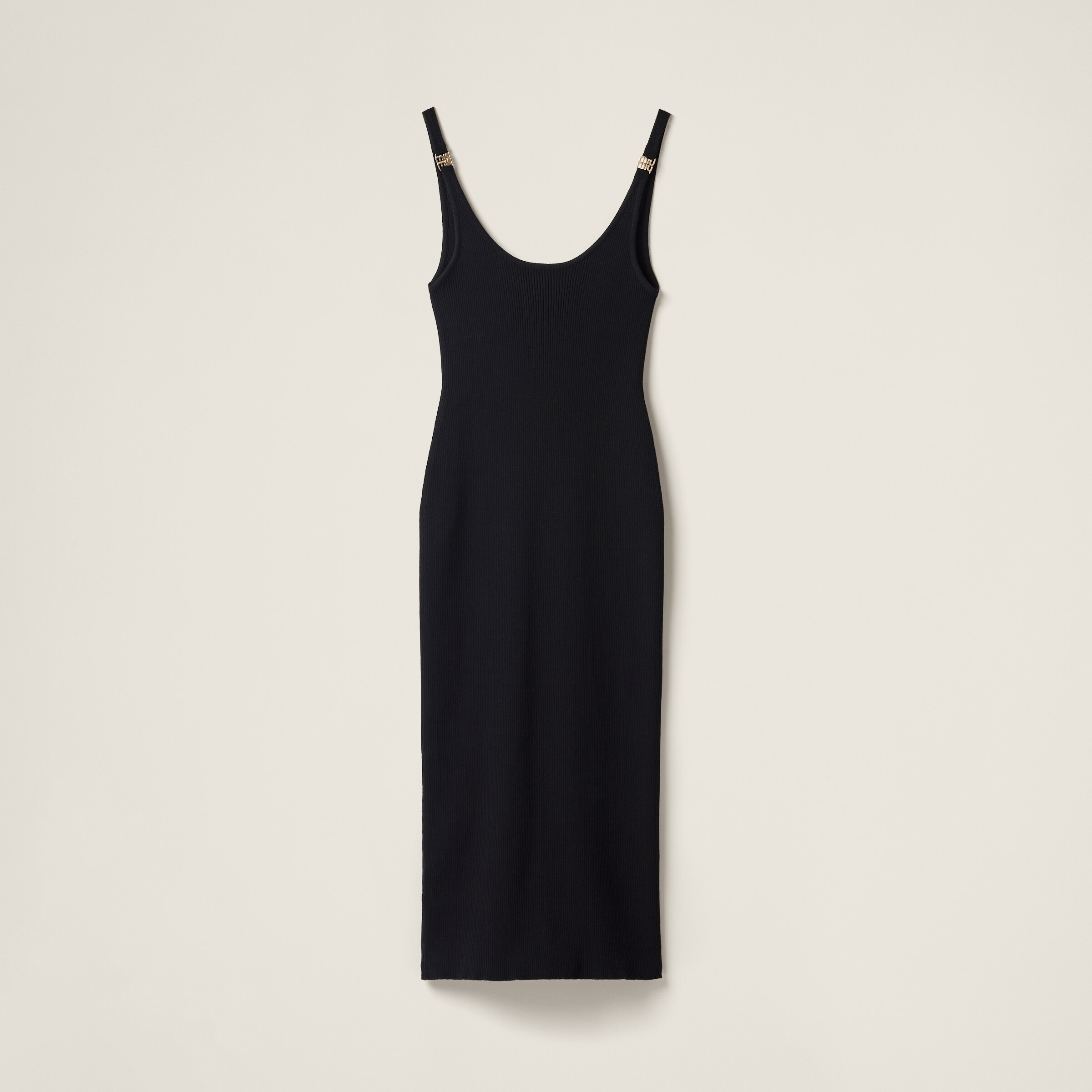 Miu Miu Ribbed Backless Metal Logo Midi Dress In Black