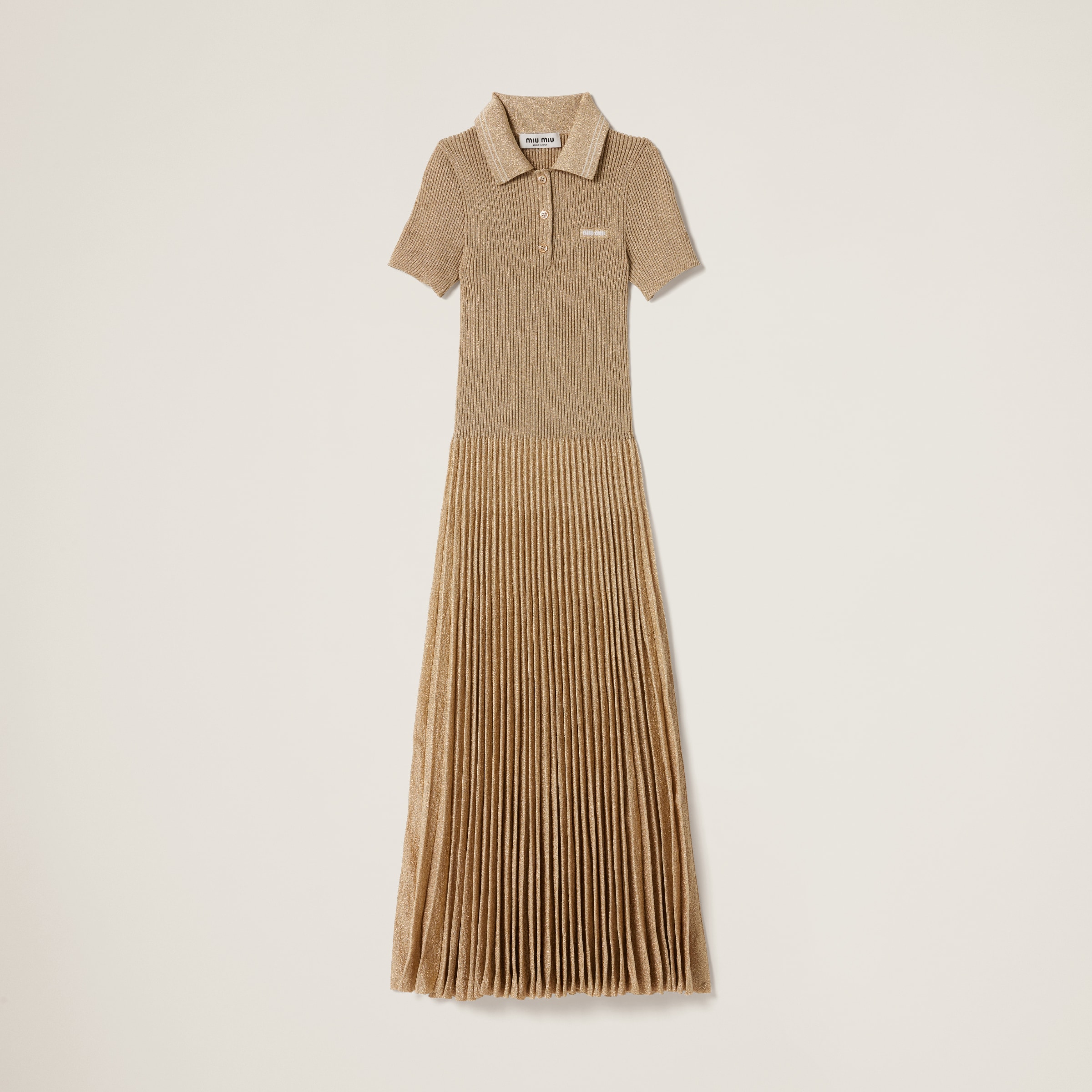 【関税無・国内発】 MIU MIU / Polo Mini Dress / ワンピース Gold Lamé Polo Dress | Miu Miu