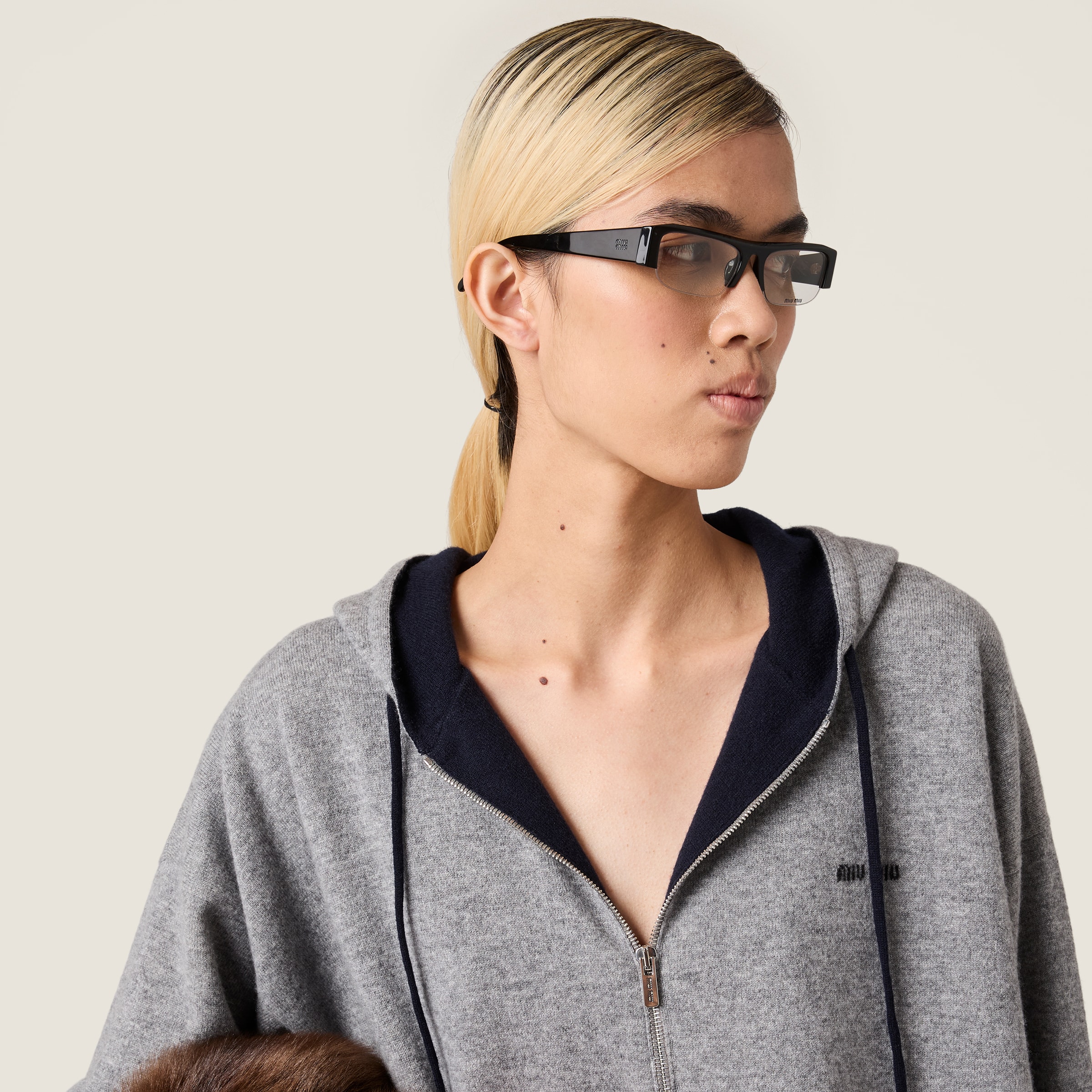 Miu Miu Cashmere Cardigan Hoodie In Gray