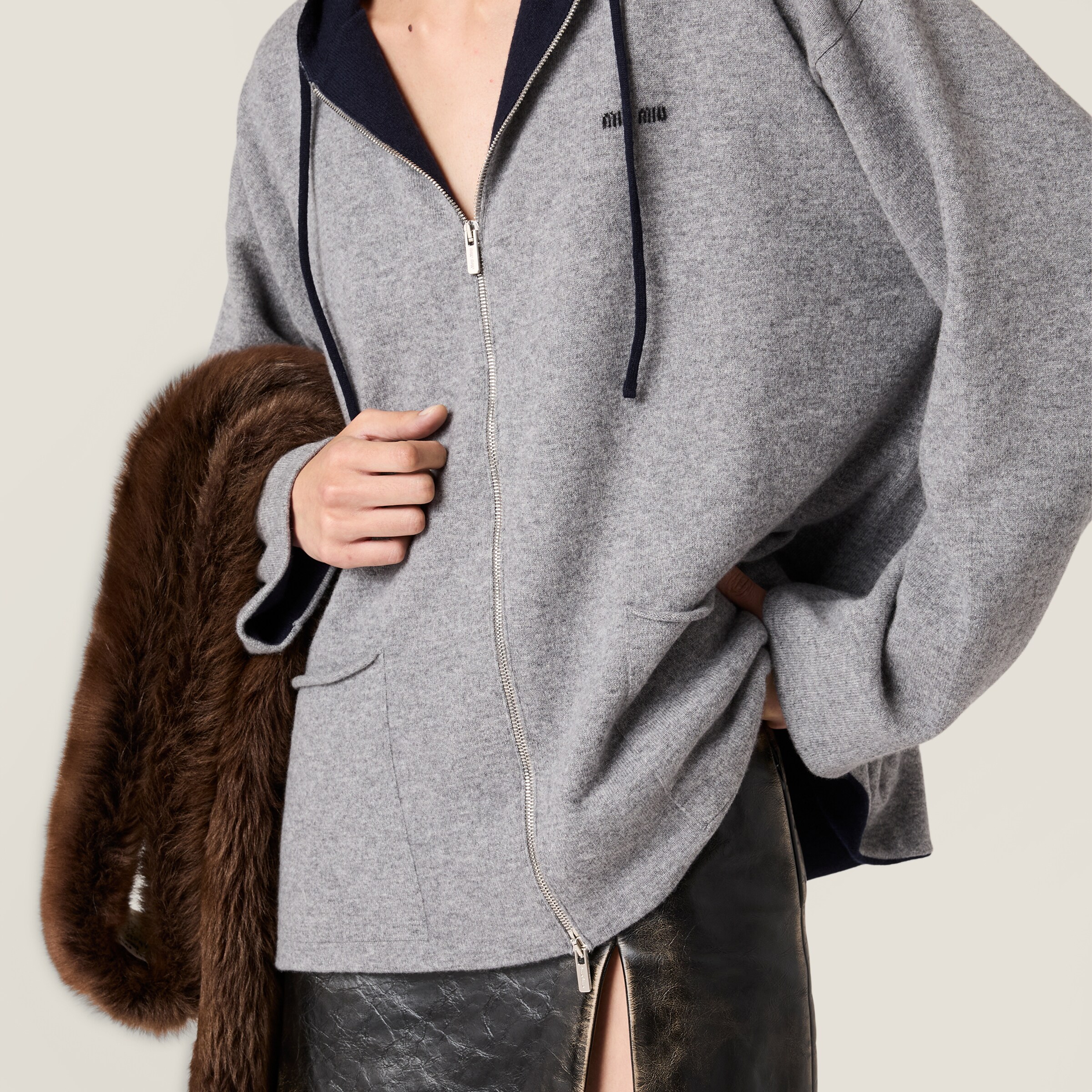 Grey+blue Cashmere Cardigan Hoodie | Miu Miu - Turkey