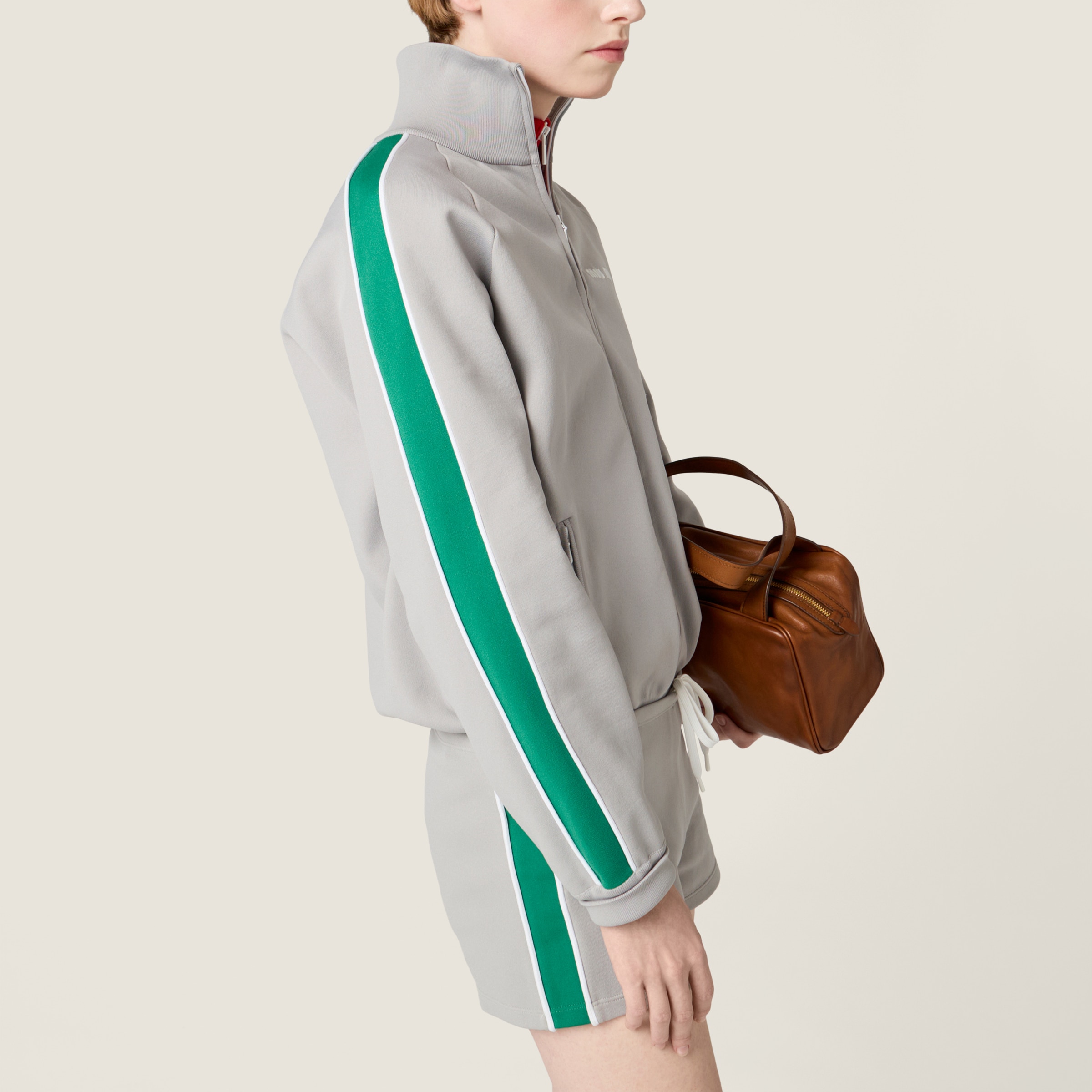 Miu Miu Technical Yarn Zipper Sweatshirt In Gray