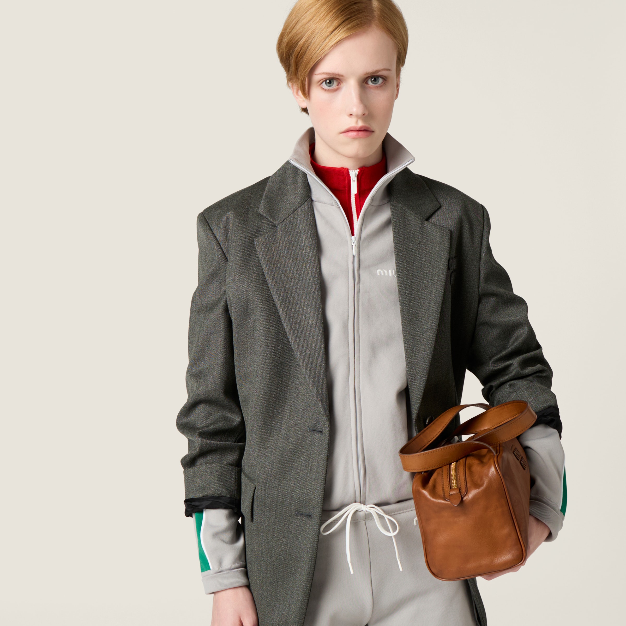 Grey/green Technical Yarn Zipper Sweatshirt | Miu Miu - United States