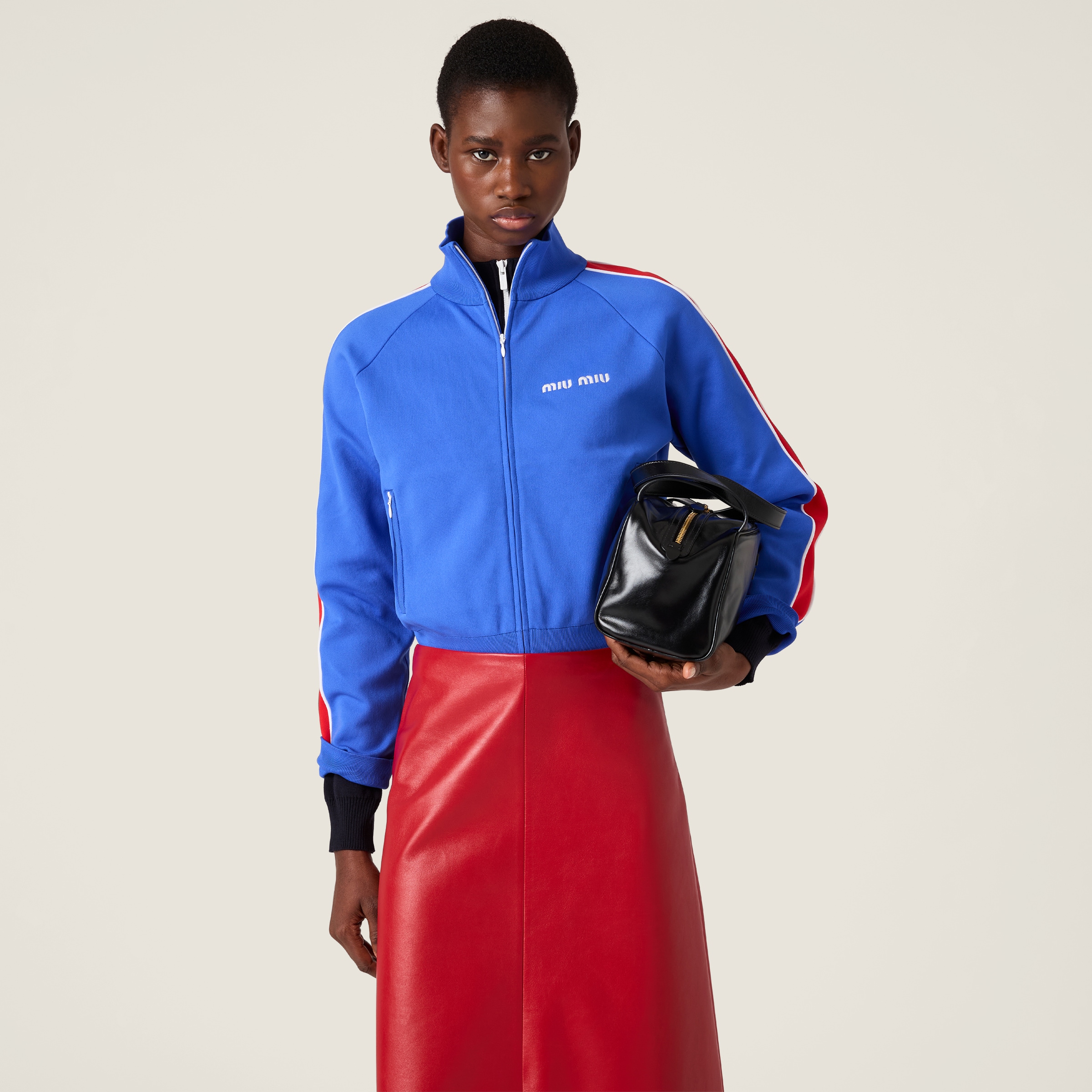 Bright Blue/red Technical Yarn Zipper Sweatshirt | Miu Miu