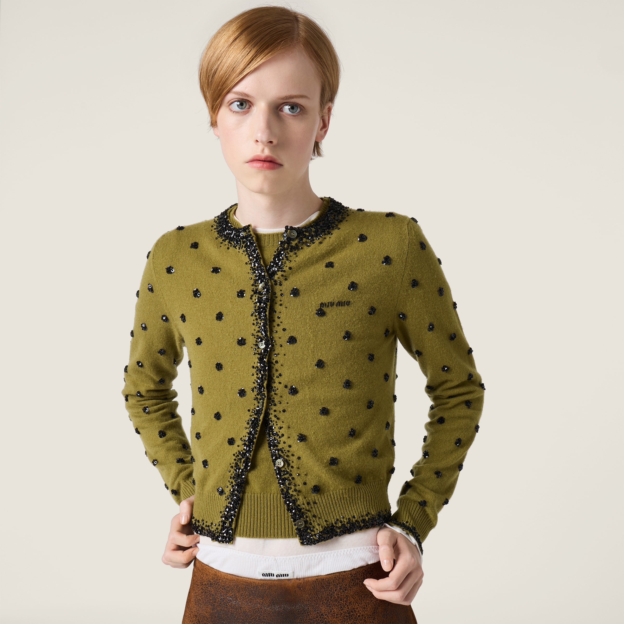 Miu Miu Embroidered Cashmere Cardigan In Green
