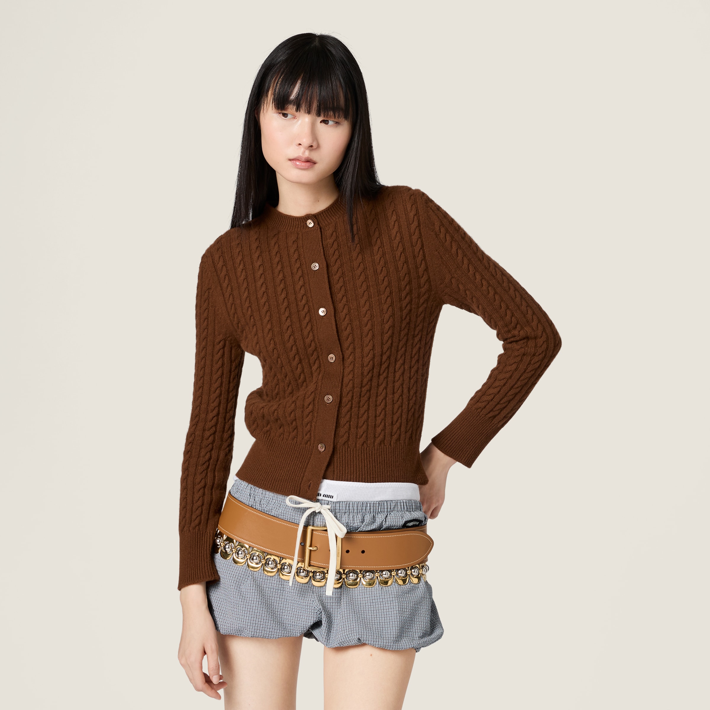Tobacco Cable-knit Cashmere Cardigan | Miu Miu - United States