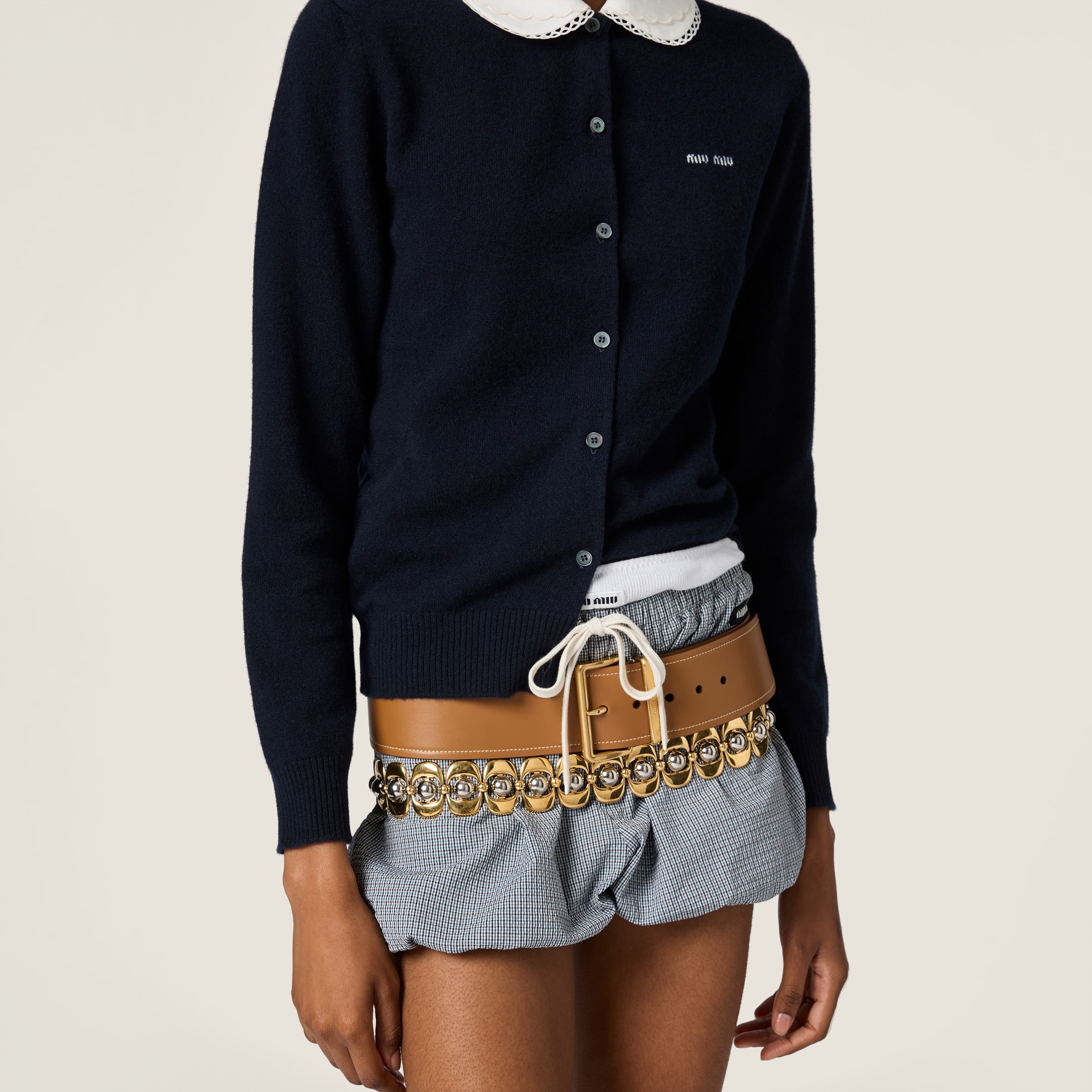 Navy Cashmere Cardigan With Embroidered Poplin Collar | Miu Miu