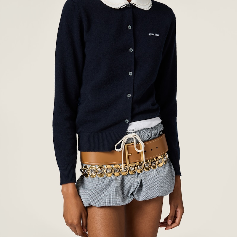 Cashmere cardigan with embroidered poplin collar