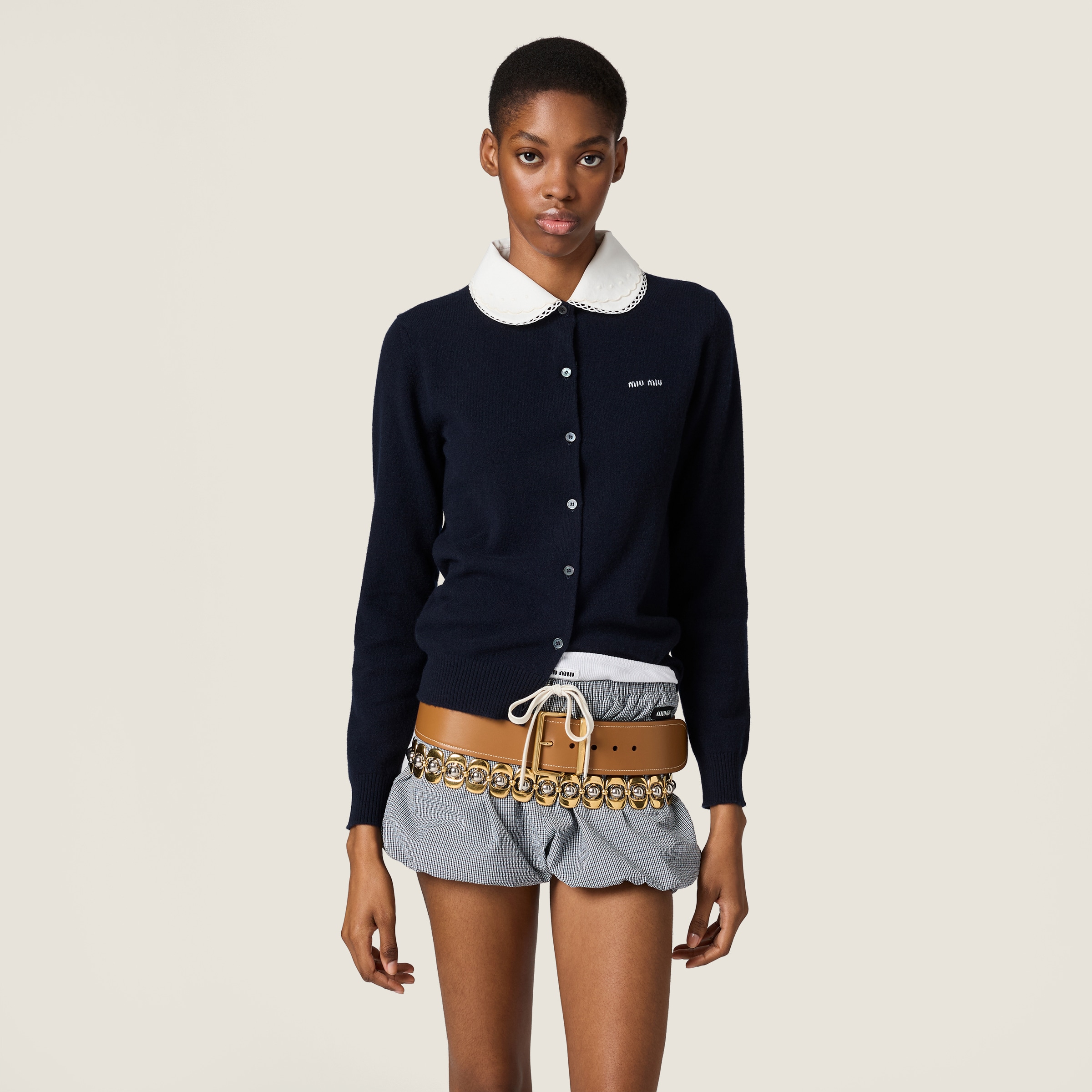 Navy Cashmere Cardigan With Embroidered Poplin Collar | Miu Miu