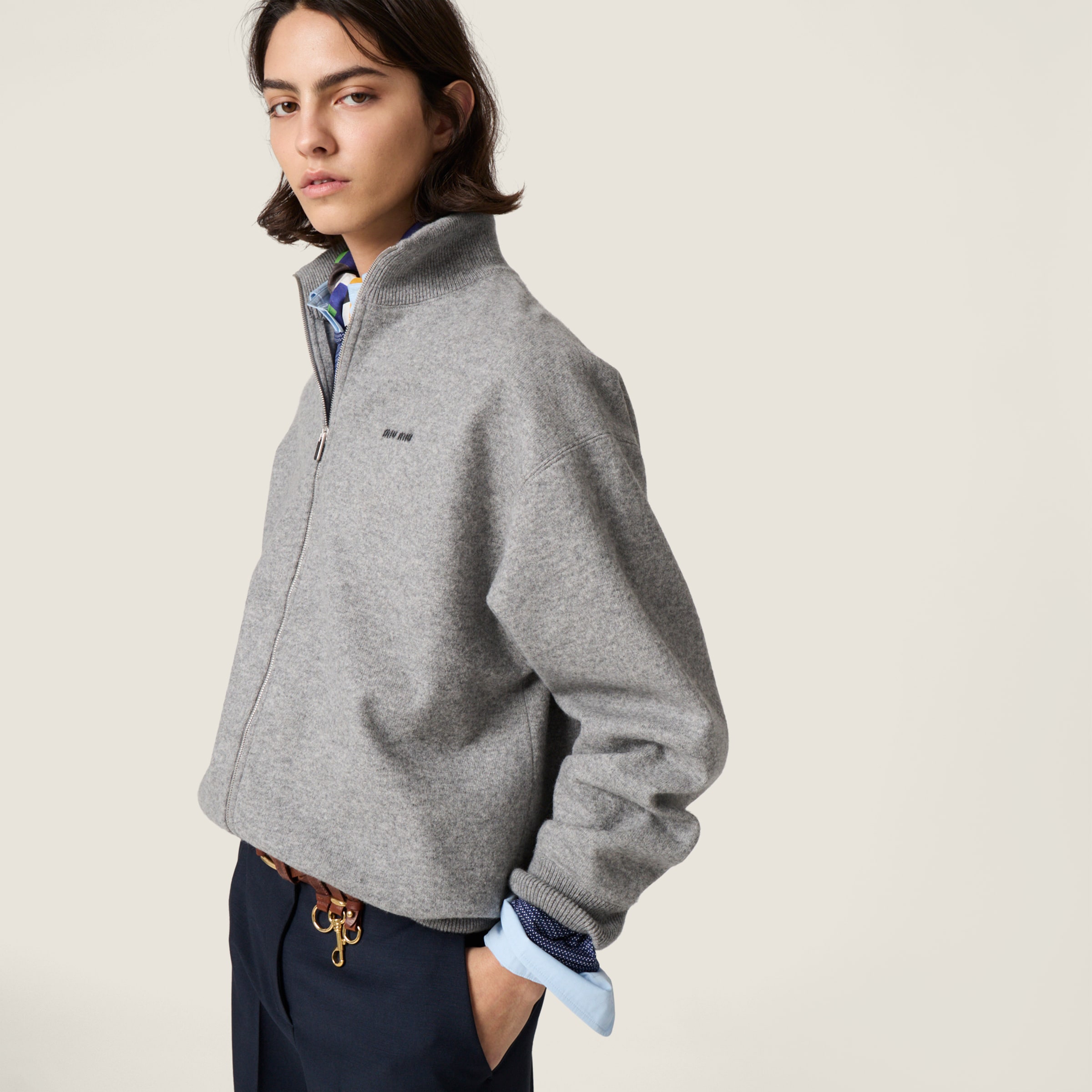Cashmere and jersey zipper cardigan - thumbnail 4