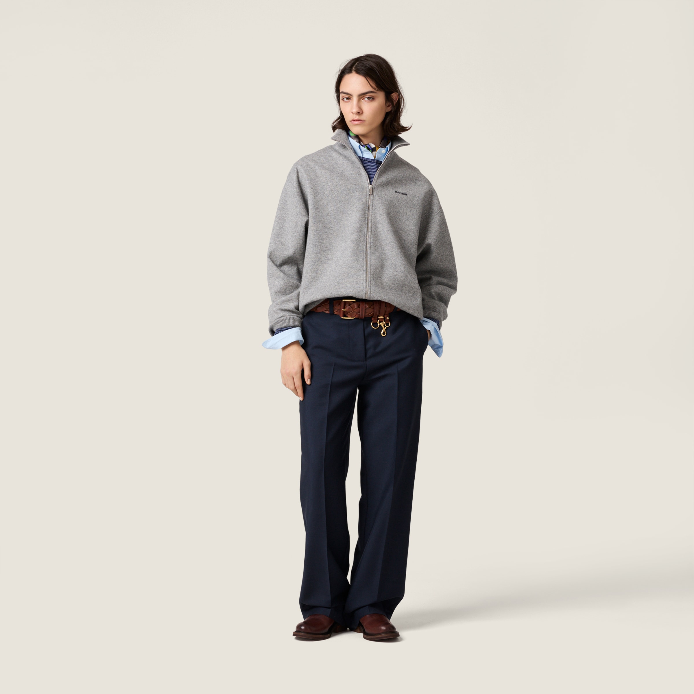 Cashmere and jersey zipper cardigan - thumbnail 2