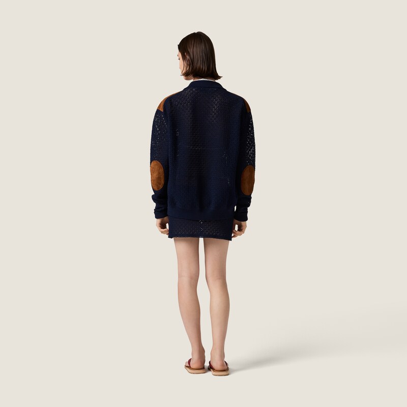 Cotton crochet and suede cardigan