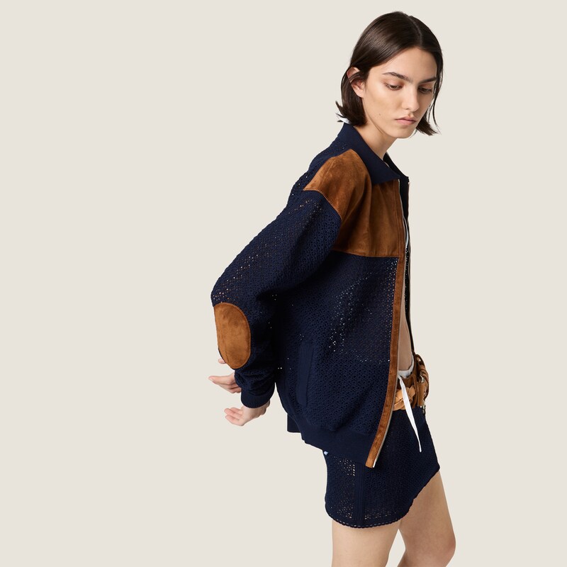 Cotton crochet and suede cardigan