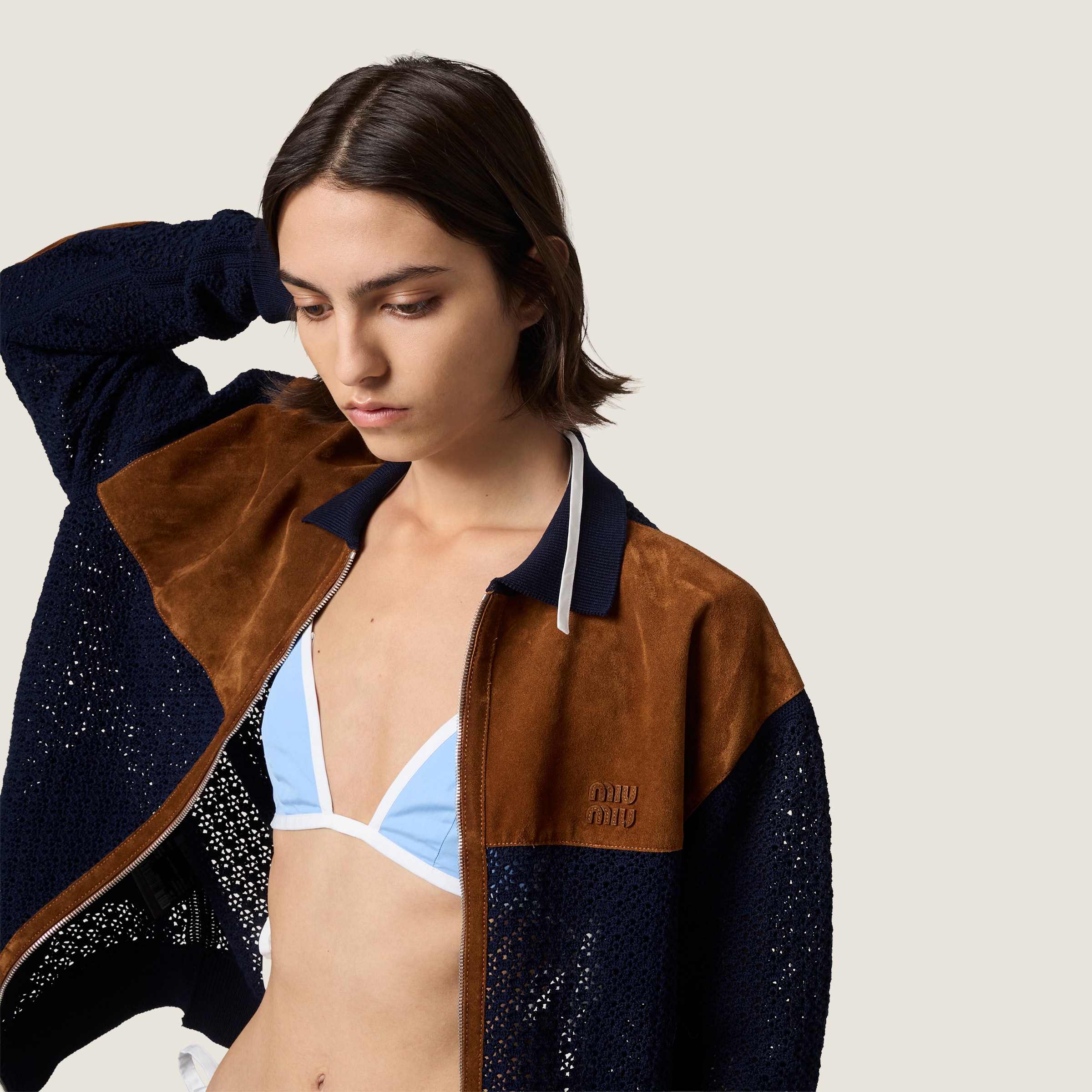 Navy Cotton Crochet And Suede Cardigan | Miu Miu - United States