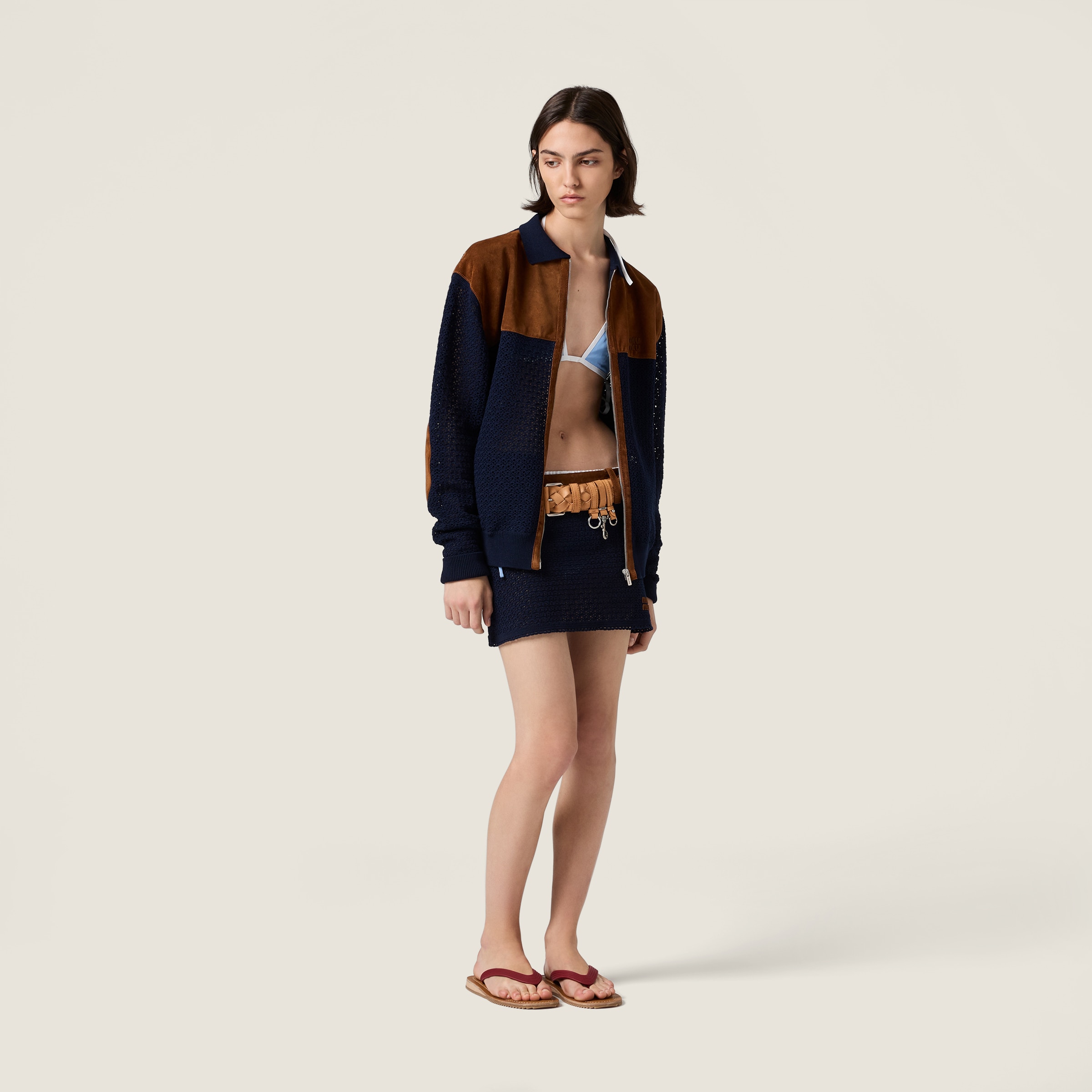Cotton crochet and suede cardigan - thumbnail 2
