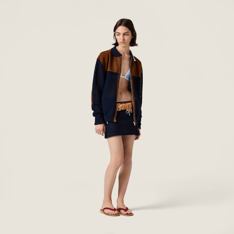 Cotton crochet and suede cardigan