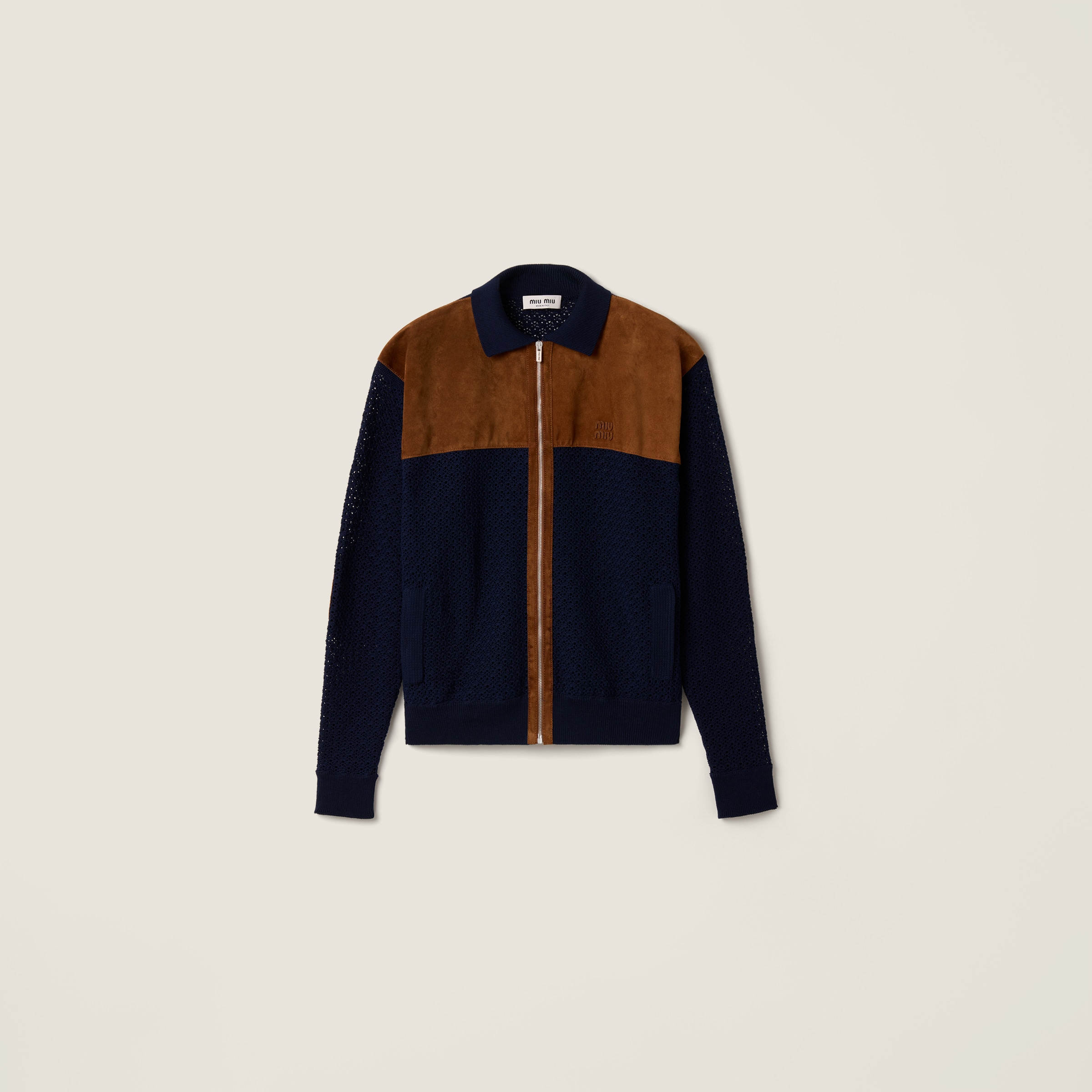 Navy Cotton Crochet And Suede Cardigan | Miu Miu - United States