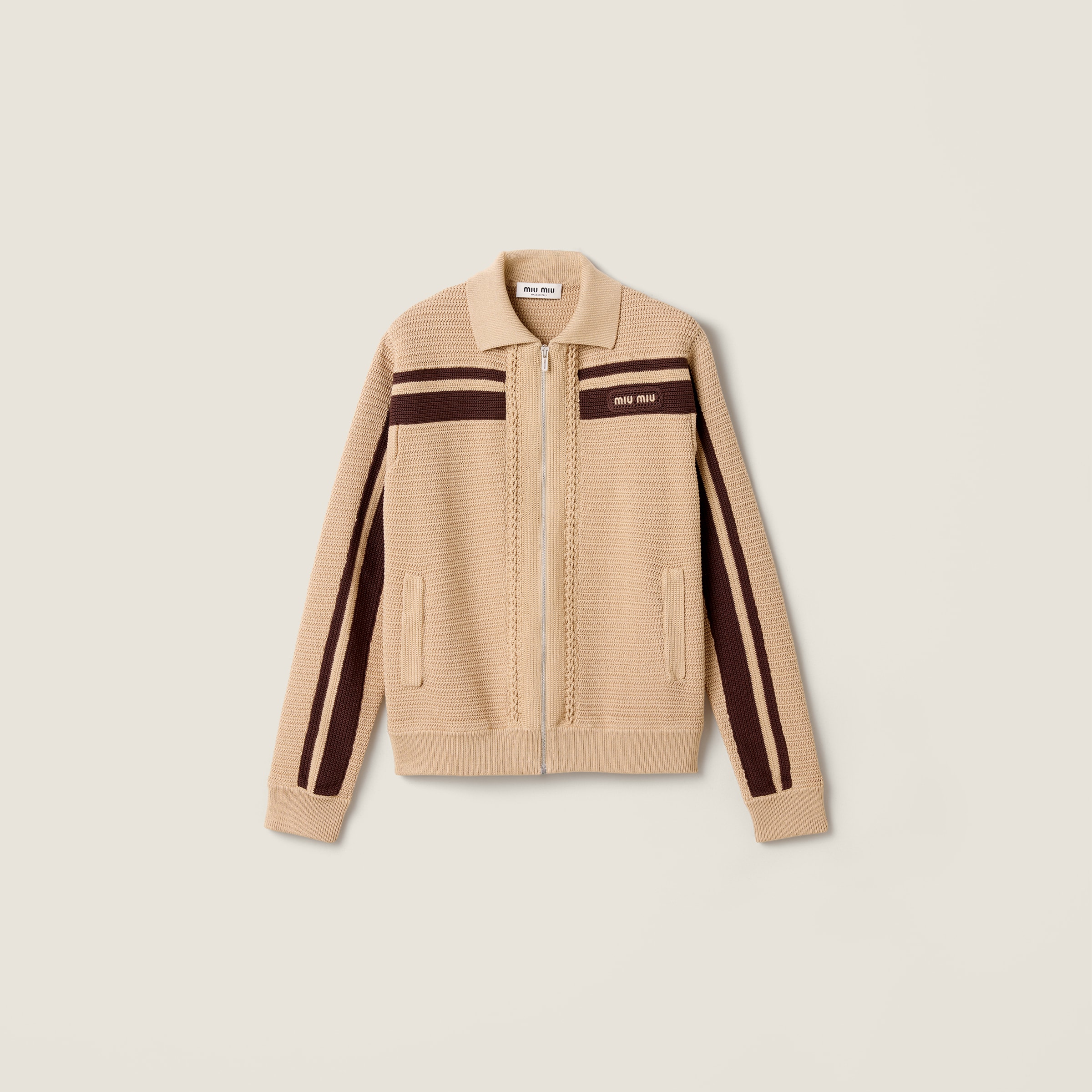Sand/cocoa Brown Cotton Crochet Cardigan | Miu Miu - United States