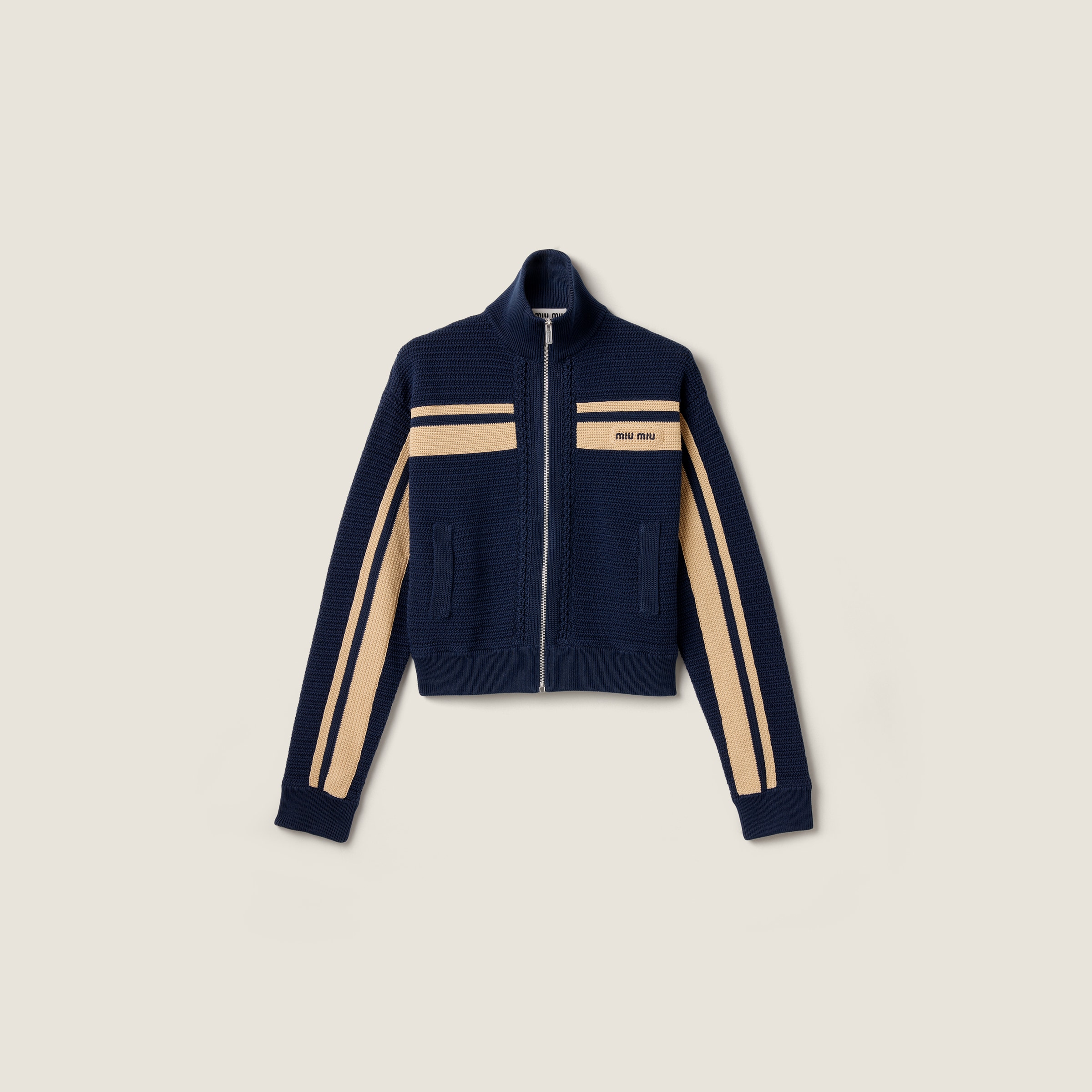 Navy Blue/sand Cotton Crochet Cardigan | Miu Miu - United States