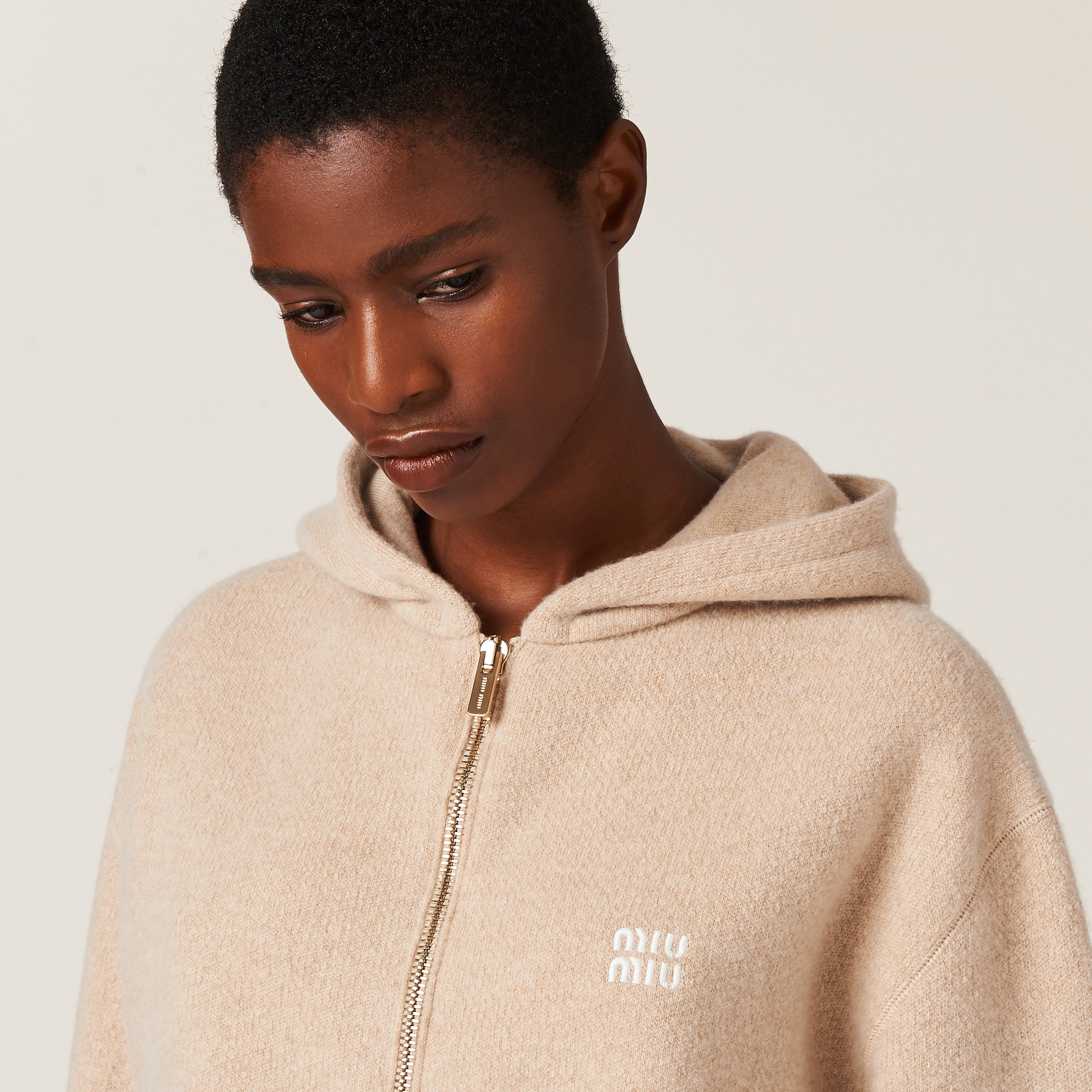Sand Beige Wool And Cashmere Hoodie Jacket | Miu Miu