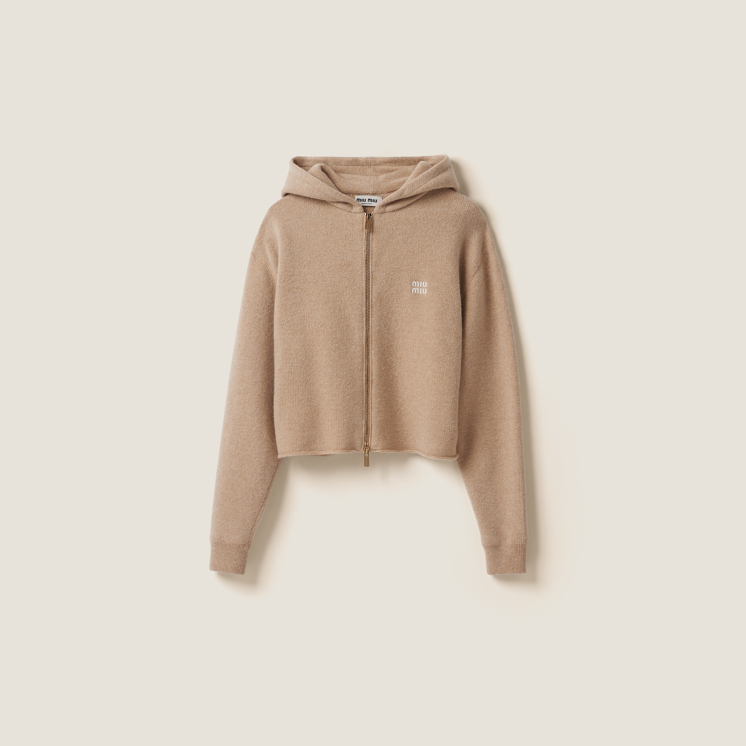 Miu Miu Wool And Cashmere Hoodie Jacket In Sand Beige