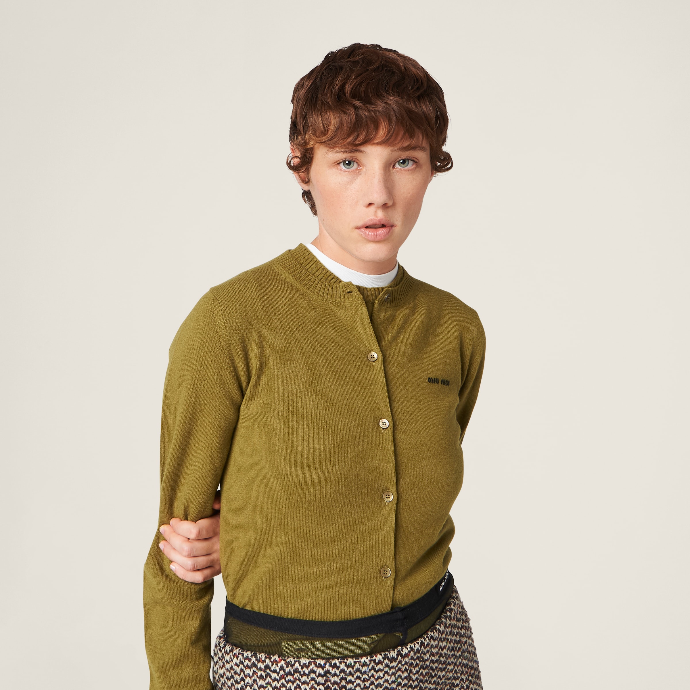 Shop Miumiu Cashmere Knit Cardigan In Fern Green