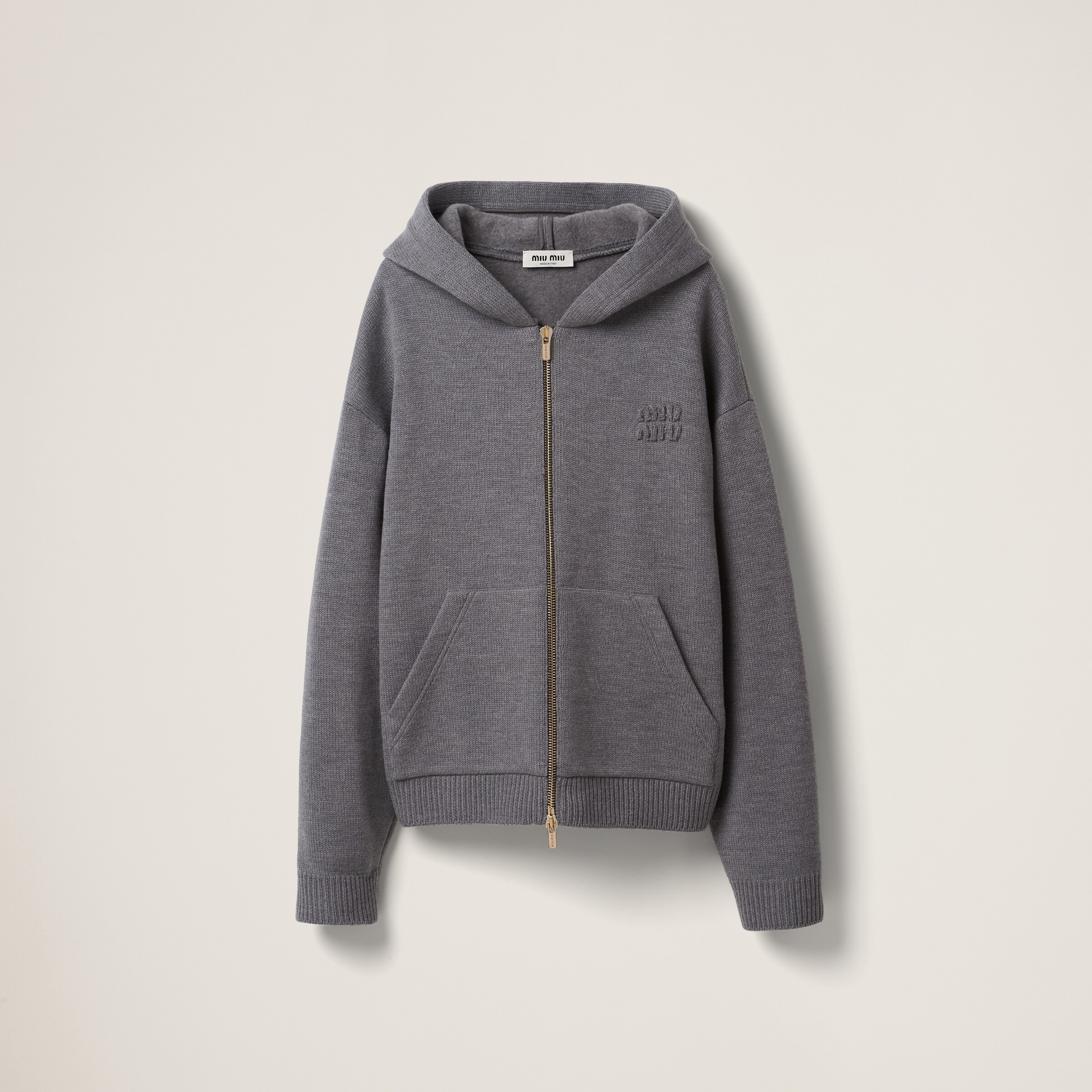 Miu Miu Wool And Nylon Knit Hoodie In Grey