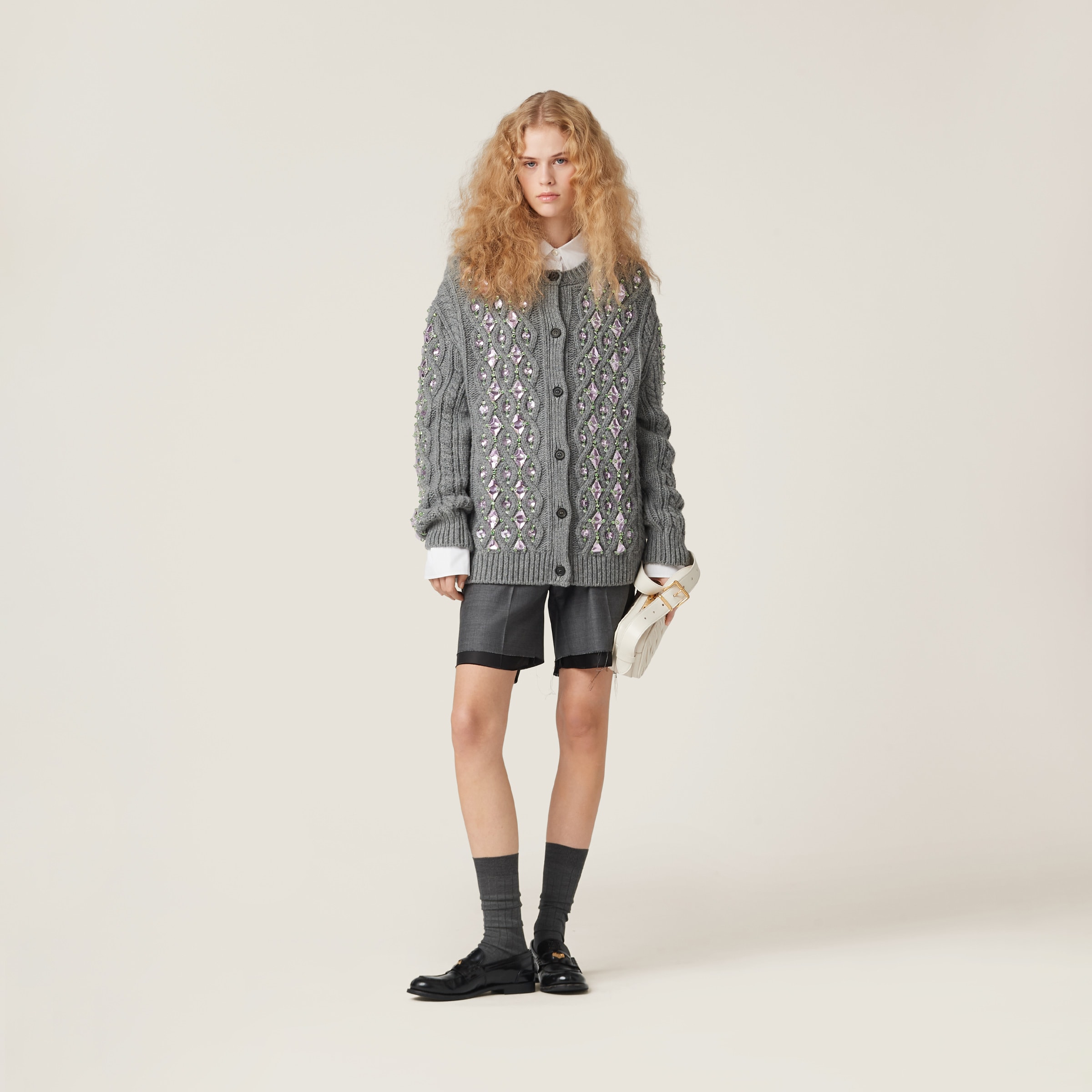 Shop Miumiu Wool Knit Cardigan In Grey