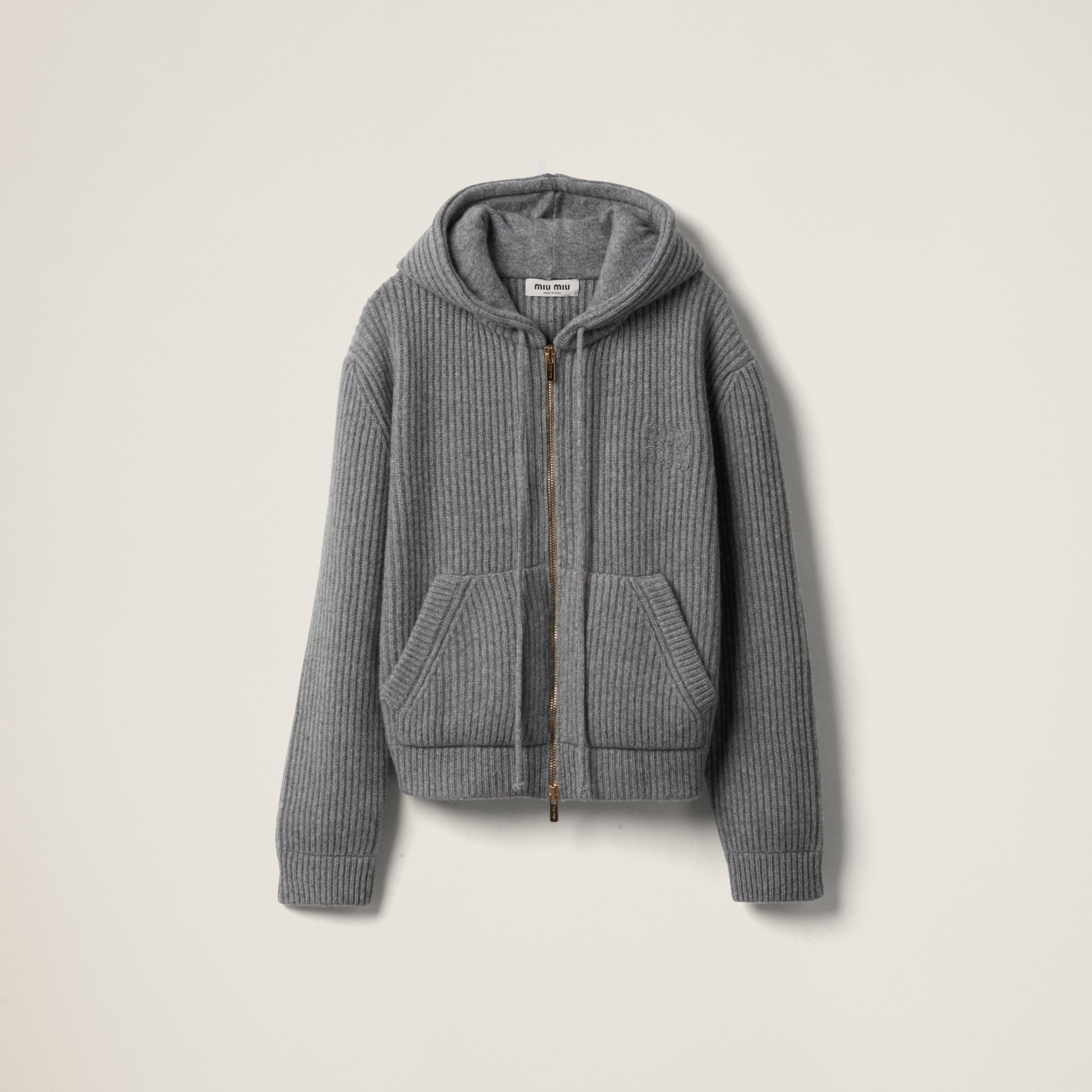 Miu Miu Wool And Cashmere Hoodie Cardigan In Marble Gray