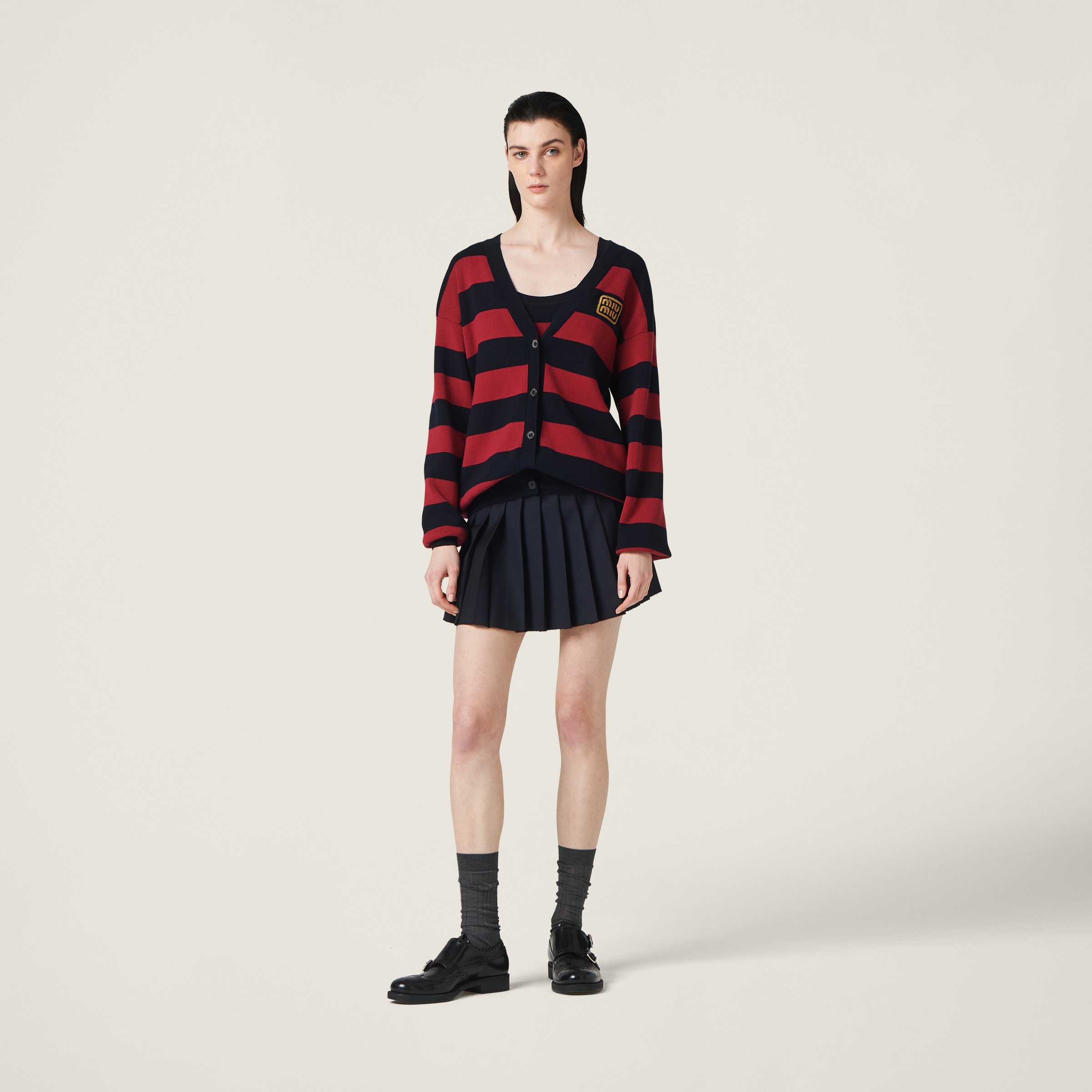 Shop Miumiu Cotton Knit Cardigan In Blue/burgundy