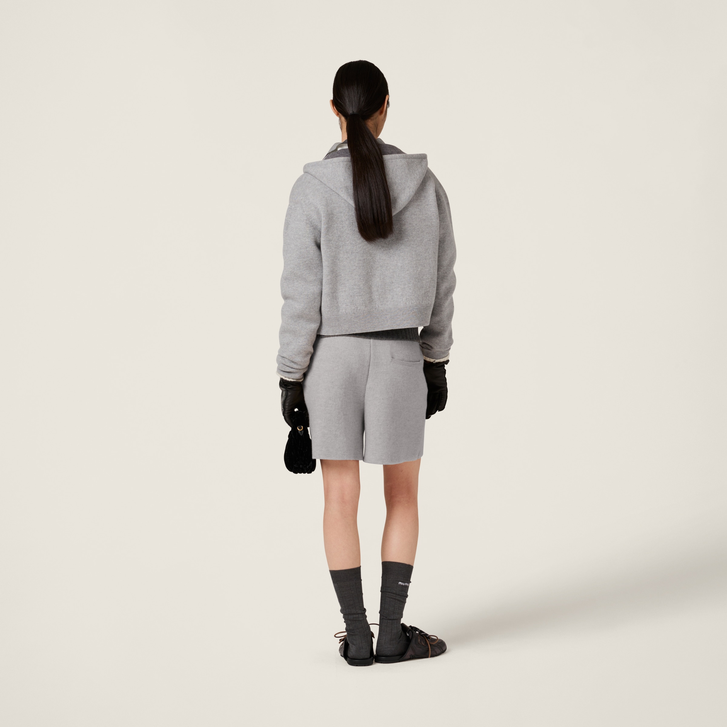 Miu Miu Double Cashmere Zipper Hoodie Cardigan In Grey