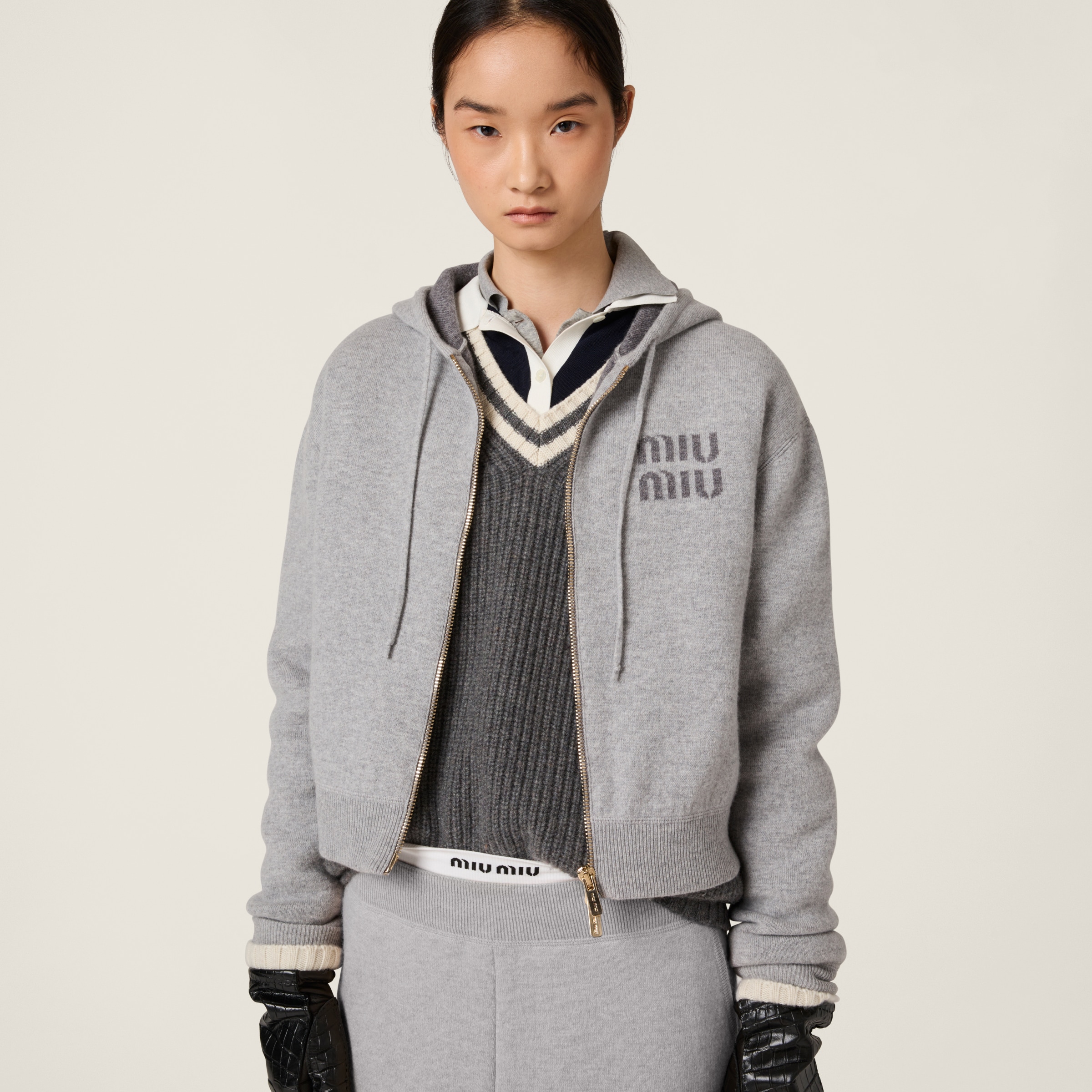 Miu Miu Double Cashmere Zipper Hoodie Cardigan In Grey
