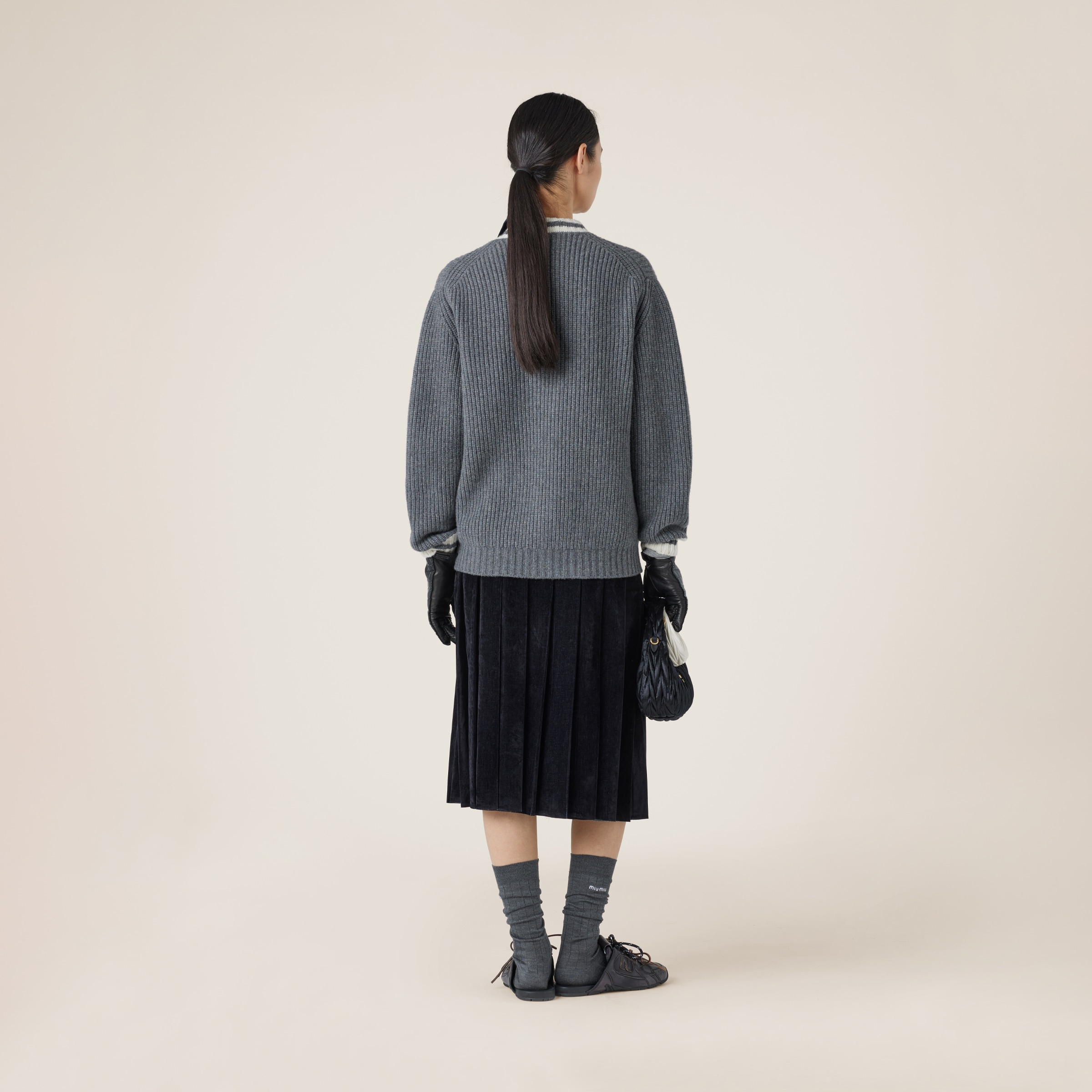 Miu Miu Ribbed Knit Wool And Cashmere Cardigan In Slate Gray