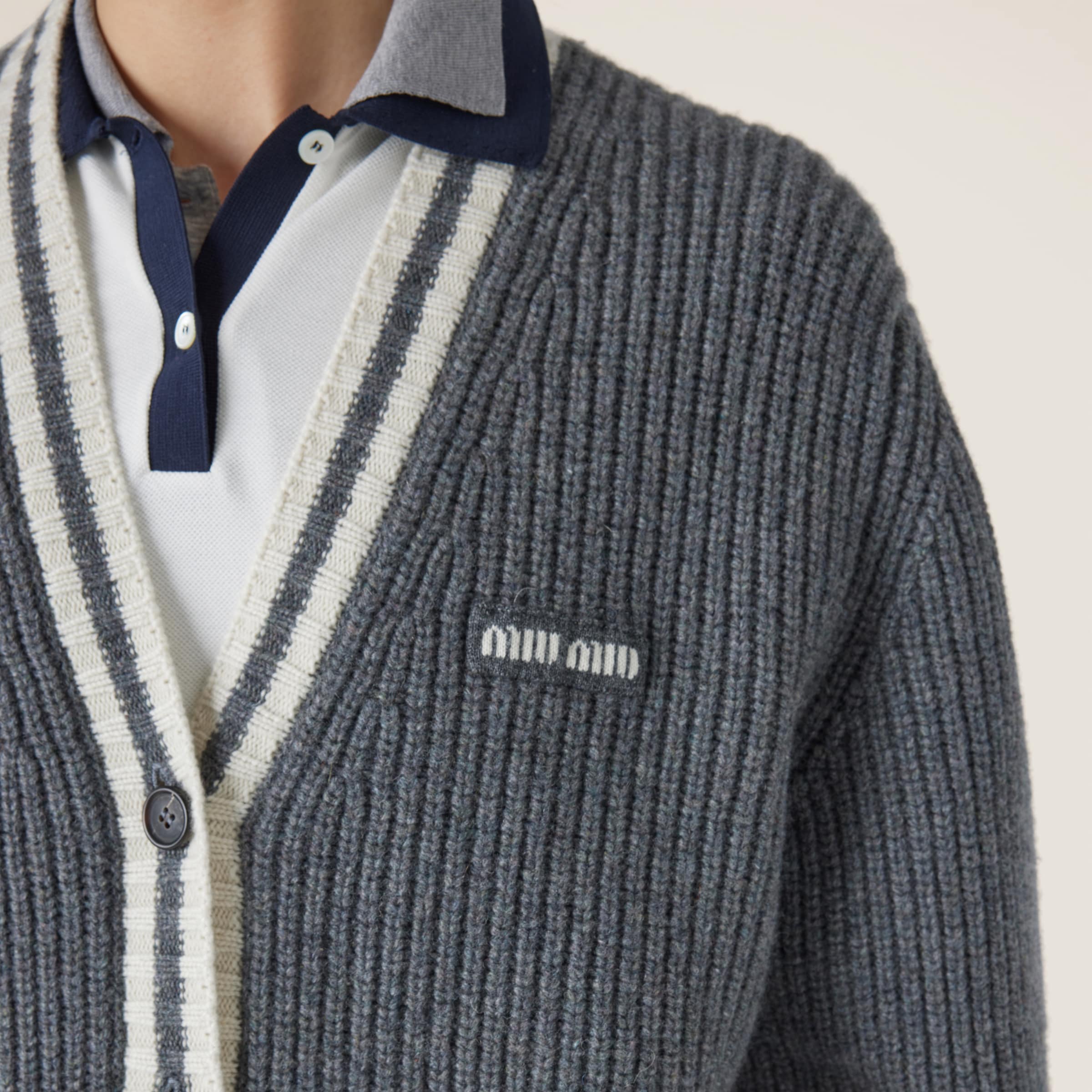 Miu Miu Ribbed Knit Wool And Cashmere Cardigan In Slate Gray
