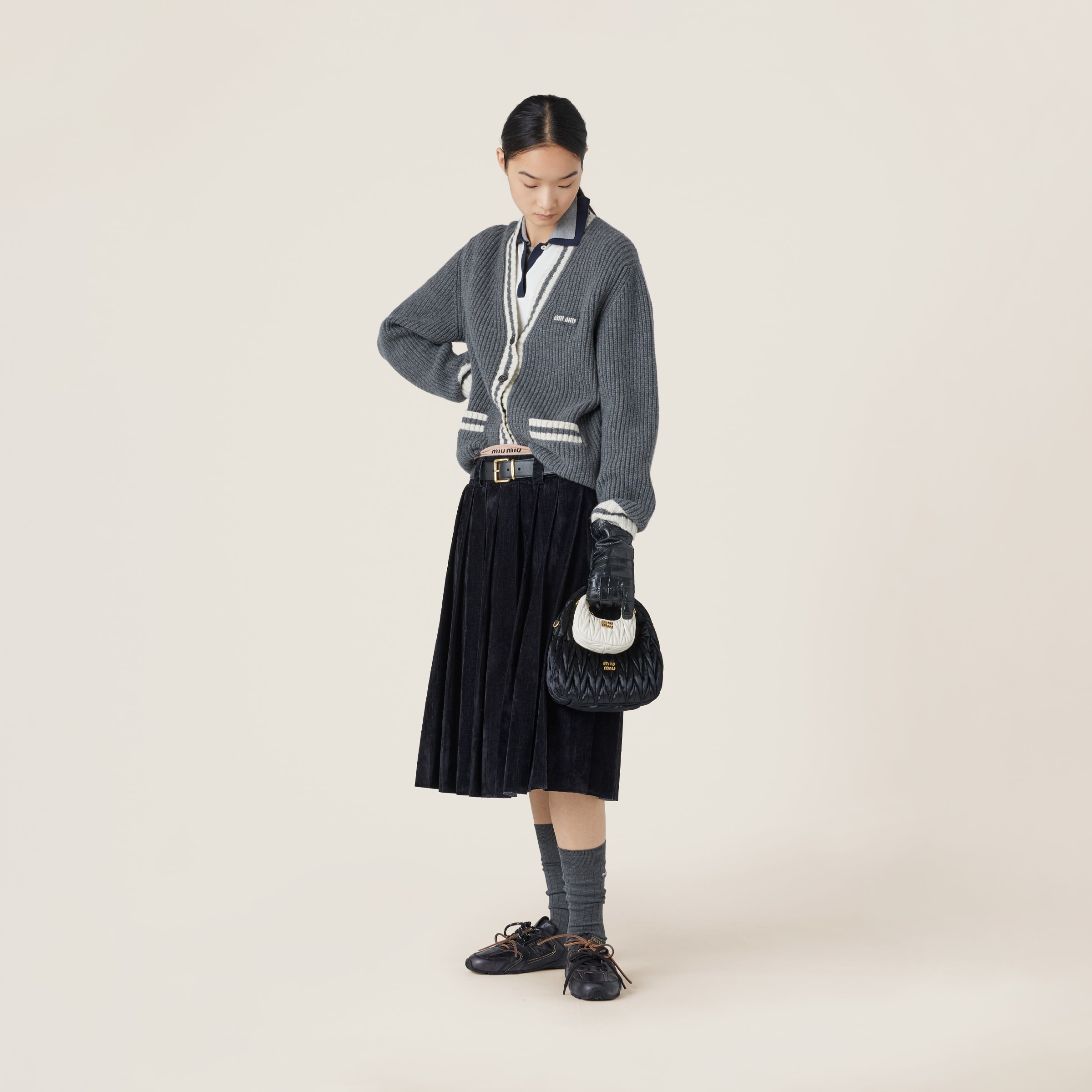 Miu Miu Ribbed Knit Wool And Cashmere Cardigan In Slate Gray