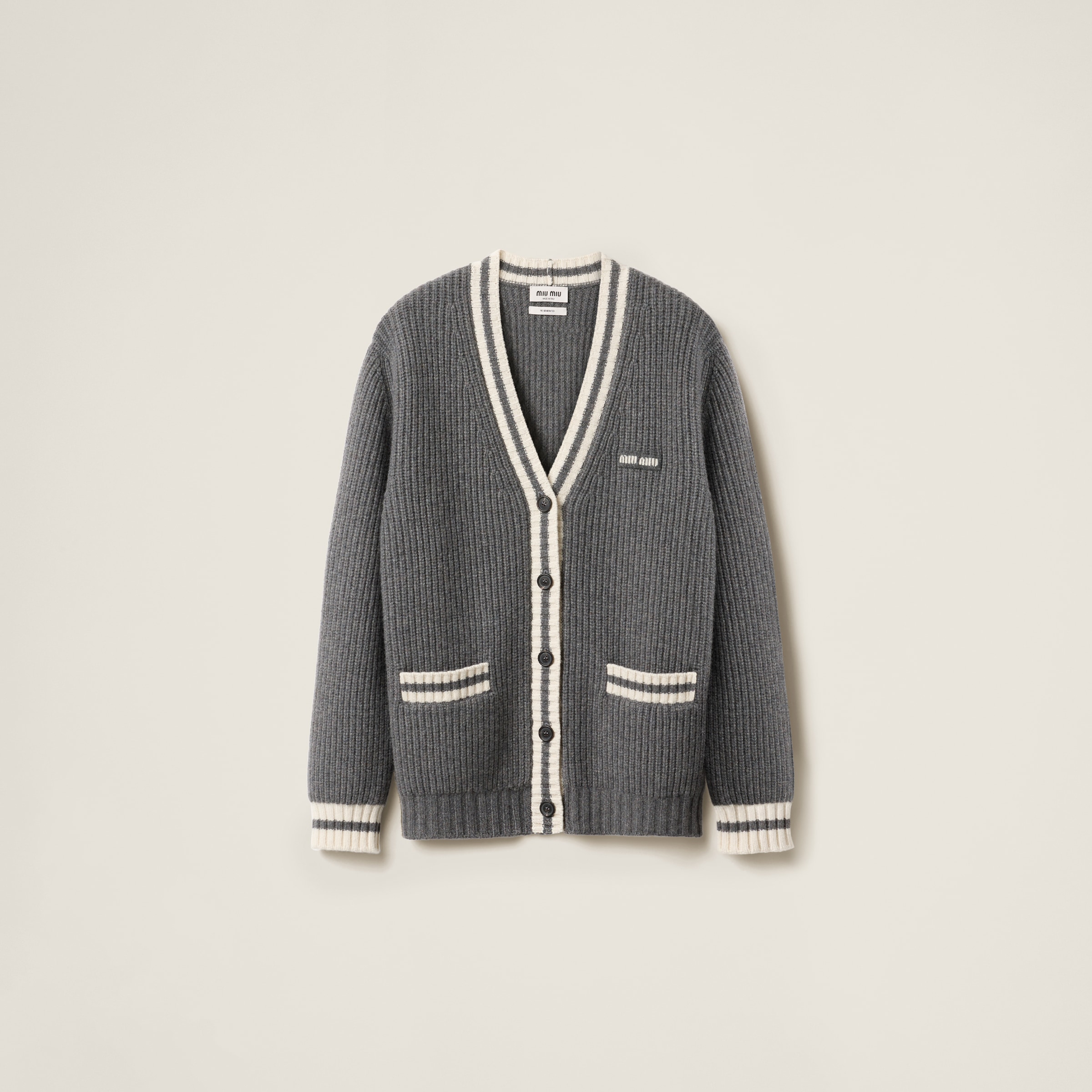 Miu Miu Ribbed Knit Wool And Cashmere Cardigan In Slate Gray